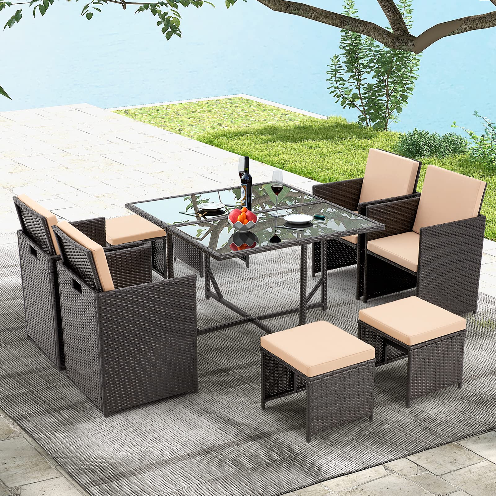 Vicluke 9-Piece Outdoor Patio Dining Set - Space Saving Rattan Wicker Table & Chairs with Cushioned Seating (Beige) - Perfect for Backyard, Garden, Poolside & Terrace Dining