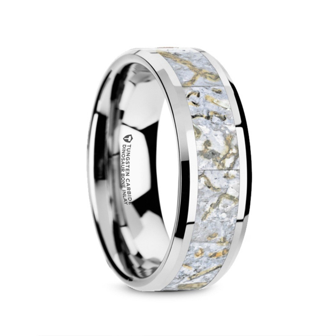 8mm Wide Mesozoic White Dinosaur Bone Inlaid Tungsten Carbide Wedding Band - Beveled Edge, Custom Engraving - Perfect for Unique Gifts & Anniversary Rings