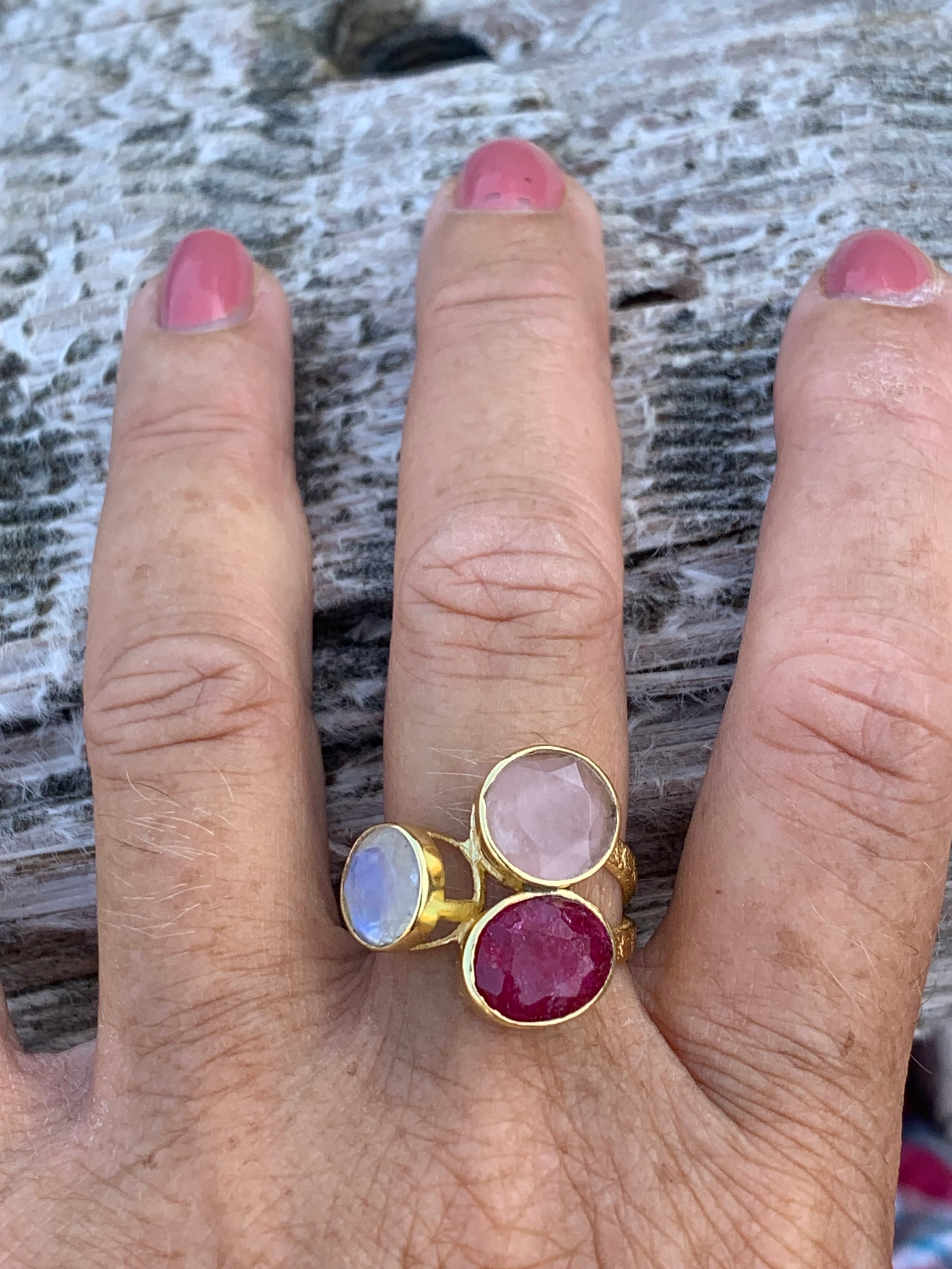 Ruby Moon Rose 3 Stone Ibiza Designer Boho Ring – Elegant Bohemian Jewelry for Women, Perfect for Festivals, Beach Parties & Everyday Wear