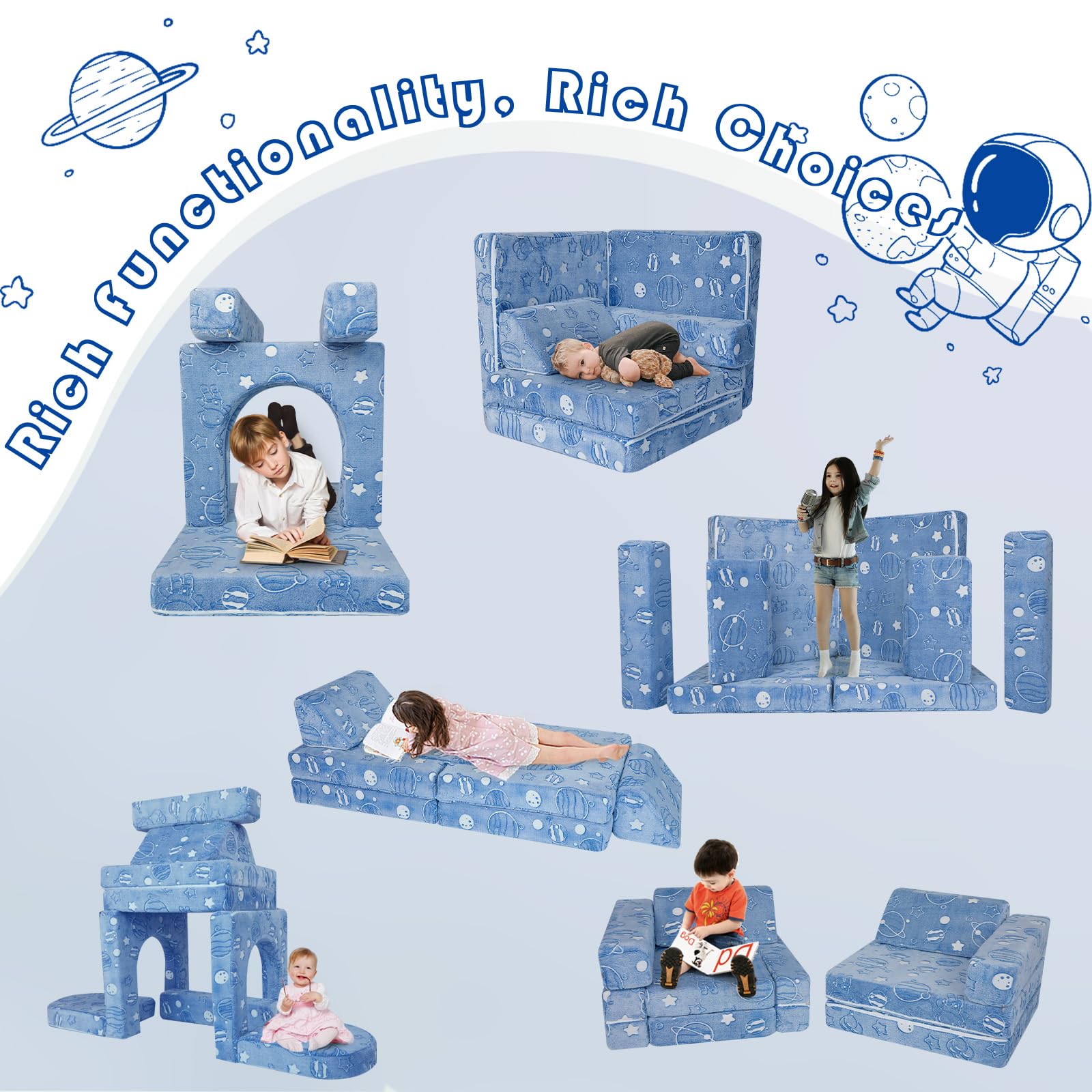 MeMoreCool Kids Couch - 10-Piece Modular Play Sofa for Boys & Girls | Foldable Playroom Furniture | Glow-in-the-Dark Space Theme | Perfect for Playrooms, Bedrooms & Daycare Centers