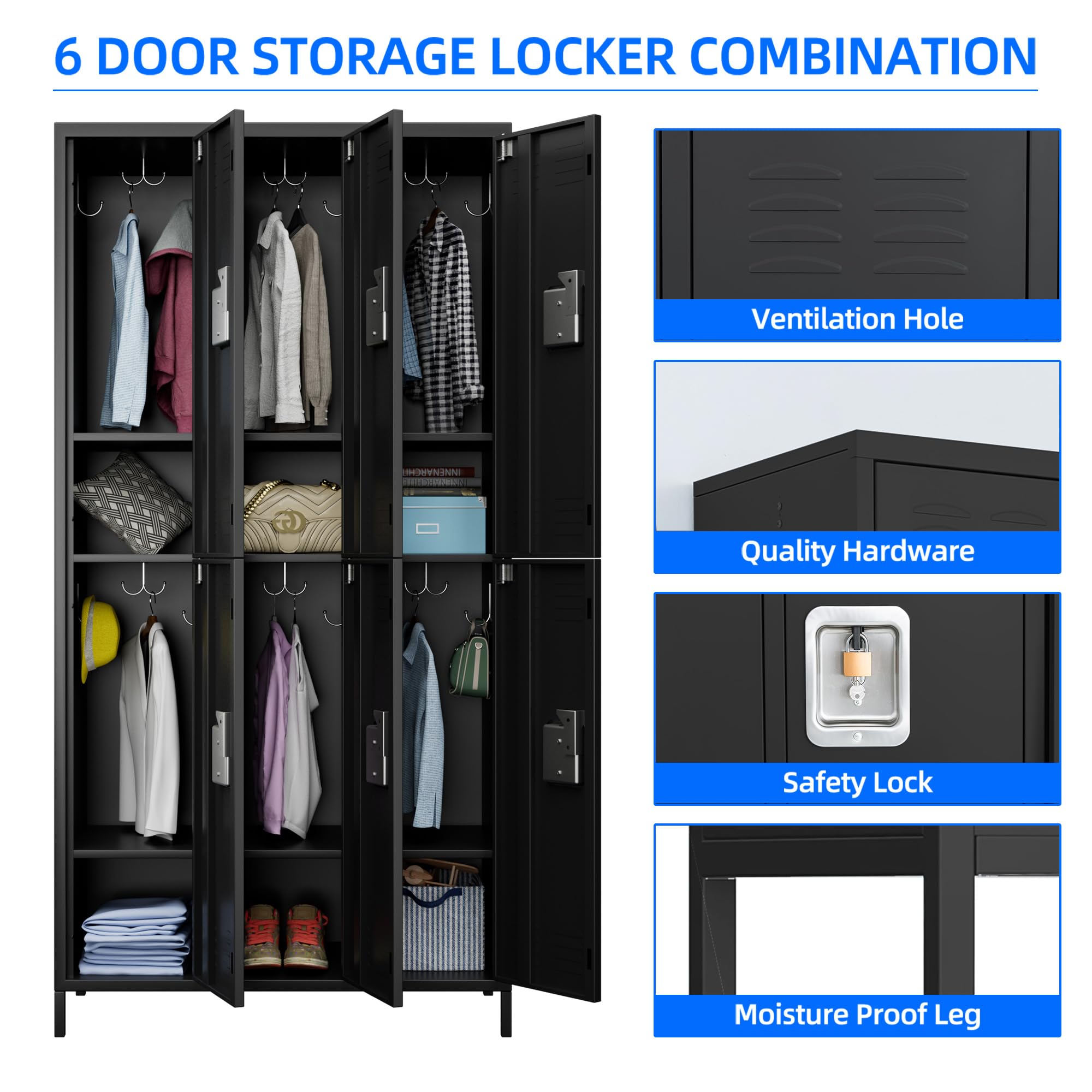 Aobabo 6-Door Steel Storage Locker Cabinet - Heavy Duty Metal Locker for Office, Gym, Bedroom & Dorm - Industrial Organization with 12 Hooks (Black, Assembly Required) - Perfect for Employee Storage, School Lockers & Sports Equipment Organization
