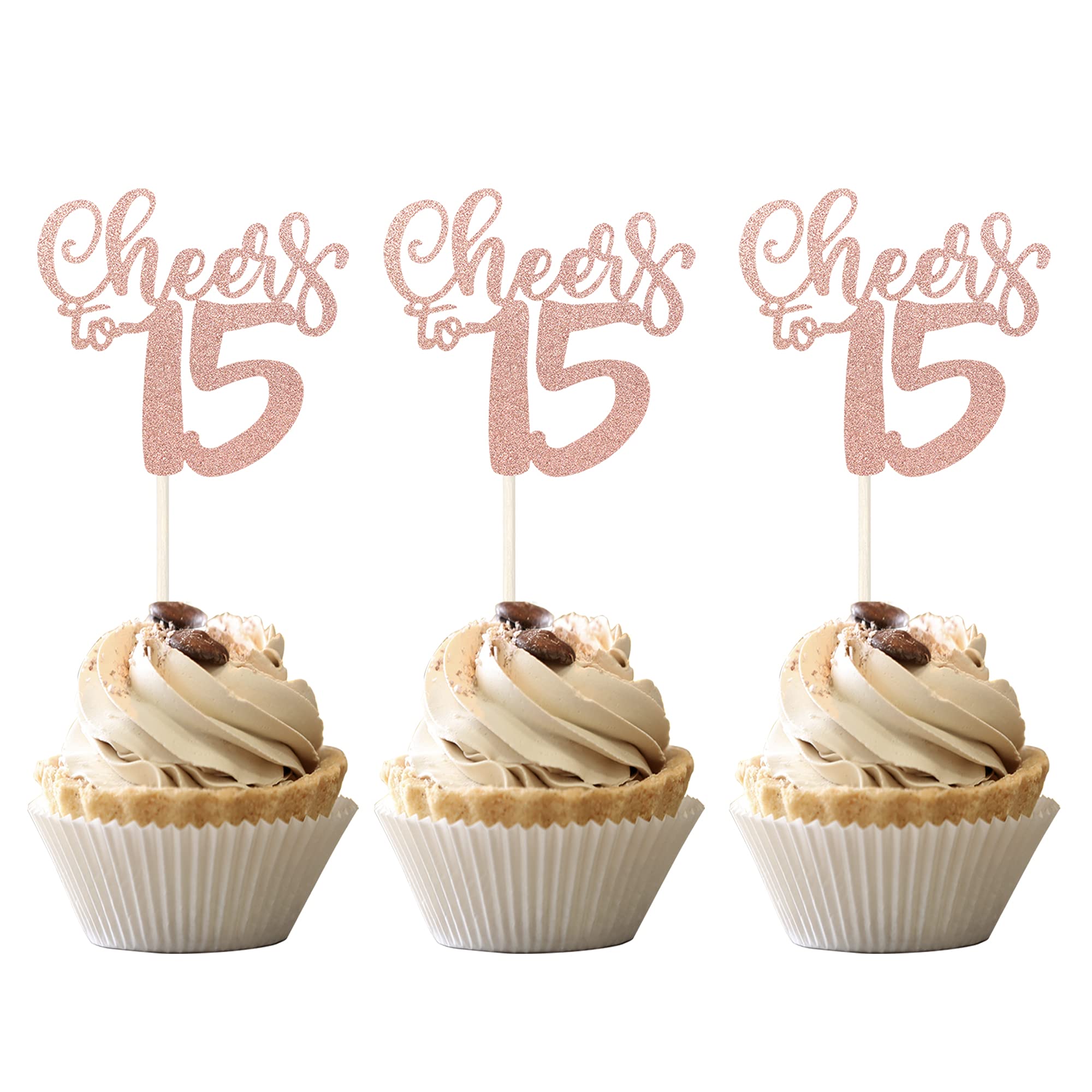36 PCS Glitter Number 15 Cupcake Toppers - Rose Gold 15th Birthday Party Decorations for Wedding Anniversary & Sweet 16 Celebrations - Perfect for Cake Decorating, Dessert Displays, and Milestone Events