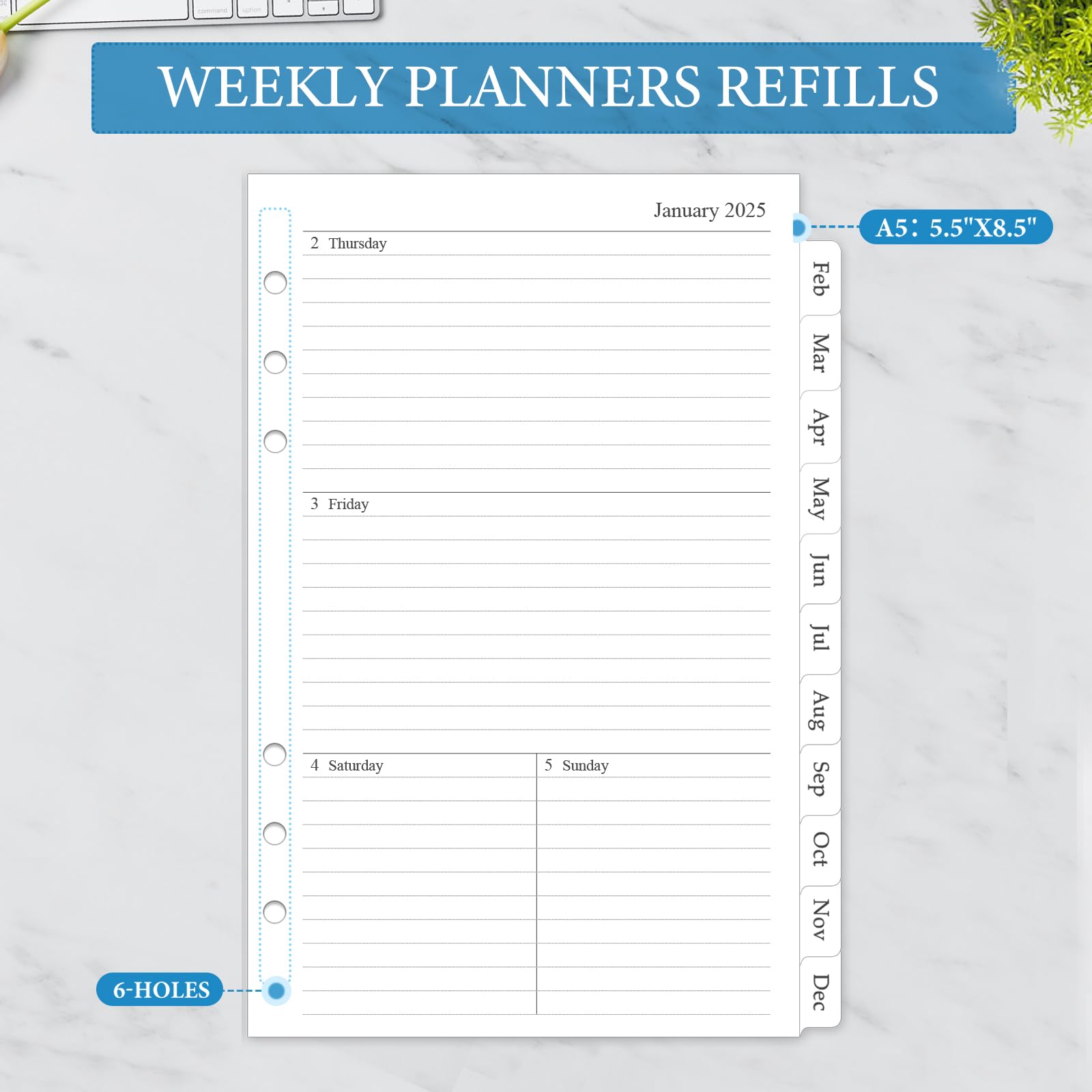 2025 Weekly & Monthly Planner Refill - A5 6-Hole Punched Planner Inserts (5.5