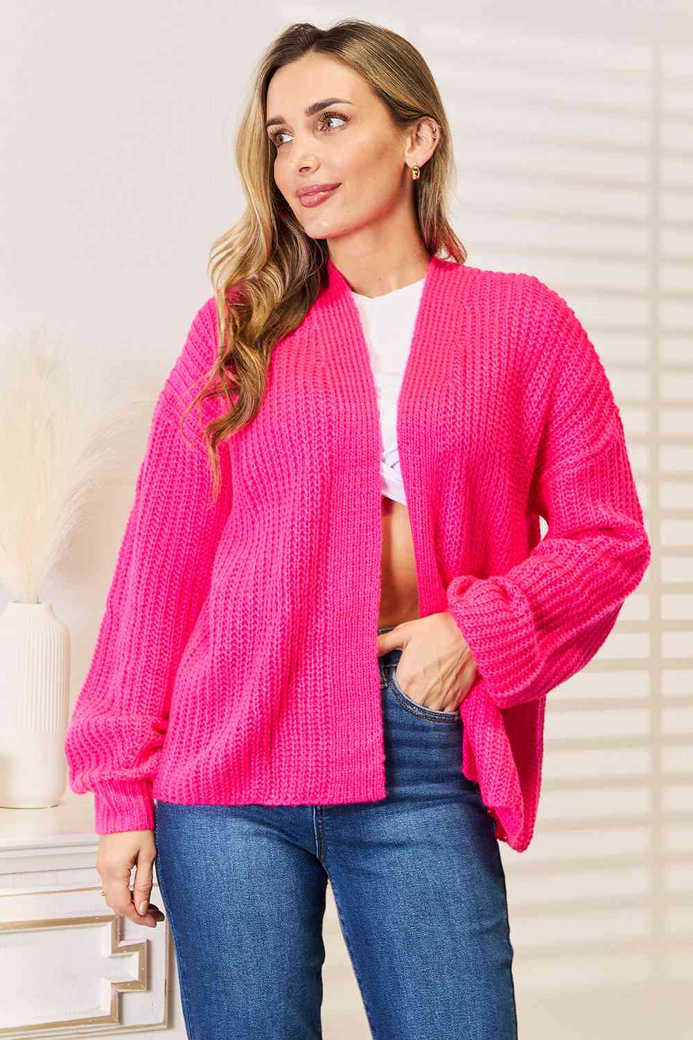 Stylish Hot Pink Rib Knit Open Front Drop Shoulder Cardigan Sweater for Women | Cozy Fall & Winter Fashion | Perfect for Casual Outings, Office Wear, and Date Nights