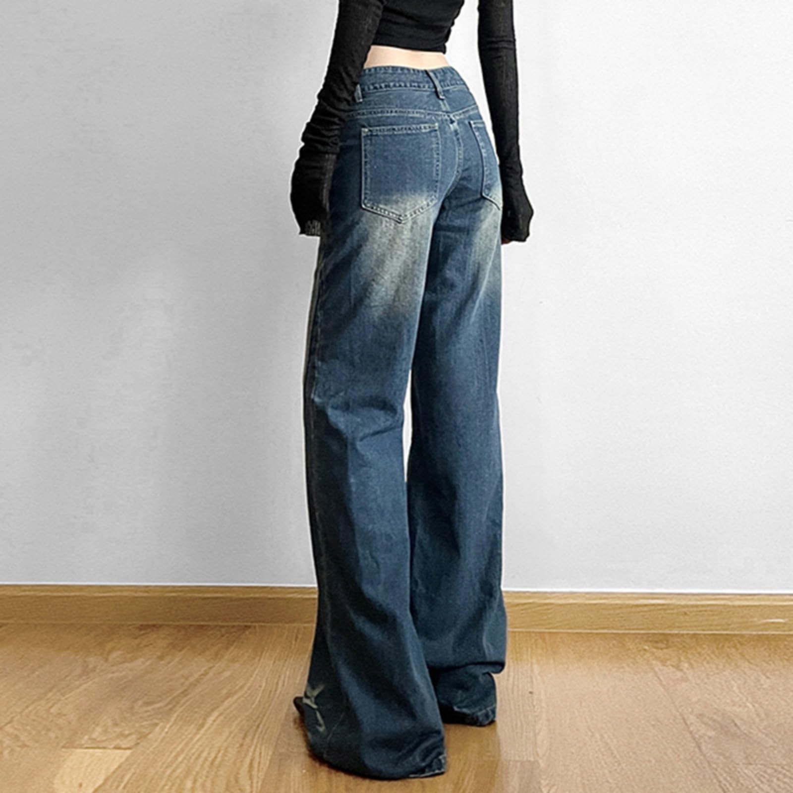 Women's Low Rise Flared Jeans - Vintage Washed Y2K Denim Pants with Star Embroidery | Perfect for Casual Outfits, Streetwear Fashion & Retro Style