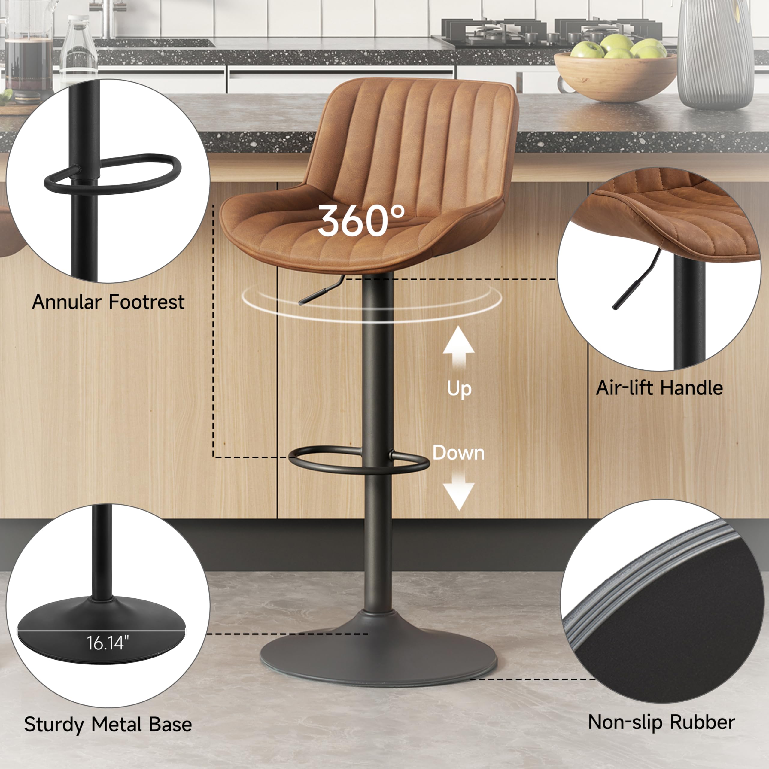 Volans Mid Century Modern Bar Stools Set of 4 - Adjustable Height Swivel Bar Chairs with Faux Leather Upholstery & Black Powder Coated Base - Perfect for Kitchen Islands, Home Bars & Dining Counter Areas