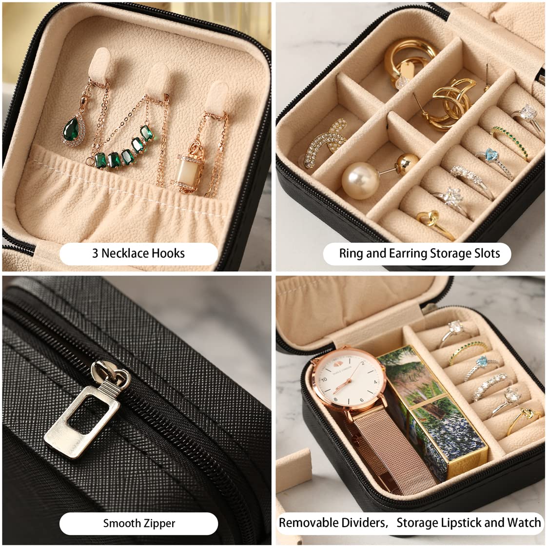 Portable Travel Jewelry Organizer Box - Compact Jewelry Storage Case for Rings, Earrings, Necklaces, Watches & Lipsticks | Perfect for Vacation, Business Trips & Daily Use (Black)