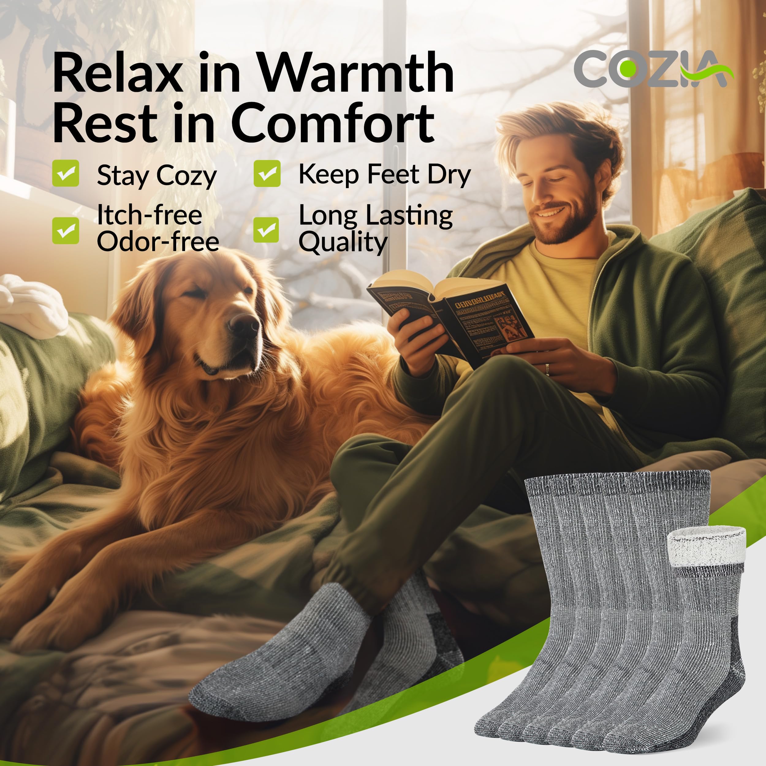 COZIA Merino Wool Socks for Men & Women - Warm Thermal Boot Hiking Socks (3 Pairs) - Perfect for Winter Outdoor Activities, Camping & Cold Weather Adventures