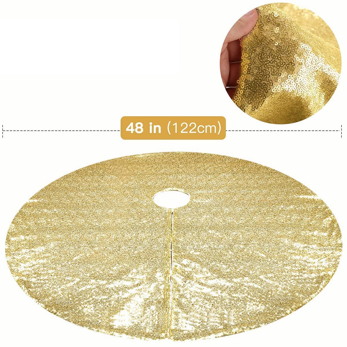 48 Inch Gold Sequin Christmas Tree Skirt for 7.5 Ft Pencil Slim Artificial Trees - Sparkling Easter & Holiday Decor for Living Room, Party, and Festive Celebrations