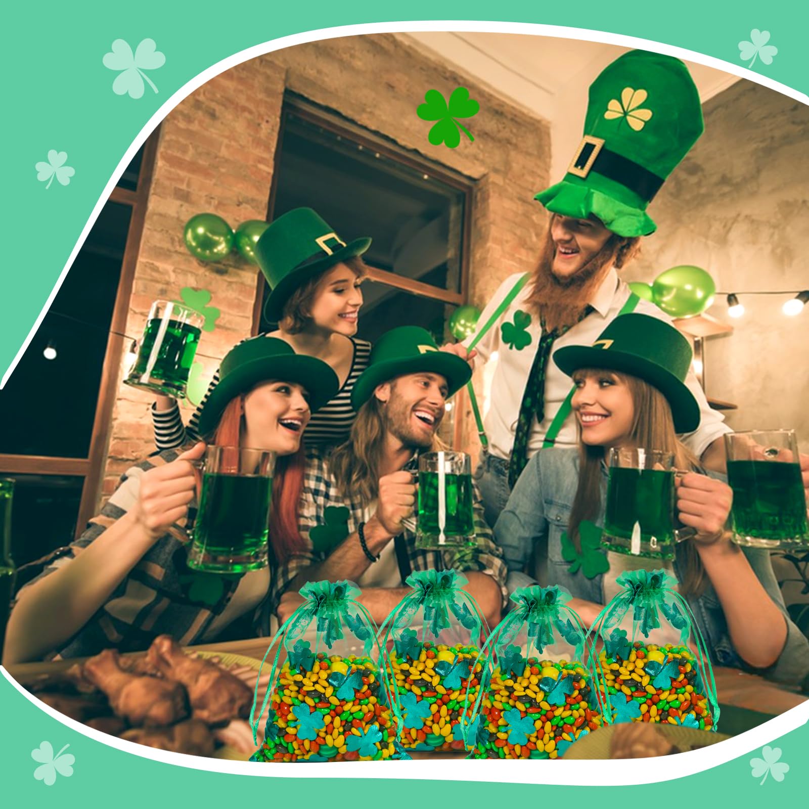 Hopttreely 100 Pcs 4x6 Inch St. Patrick's Day Green Organza Bags | Shamrock Drawstring Pouches for Jewelry, Chocolate, Gold Coins & Party Favors | Irish-Themed Gift Bags for Weddings, Baby Showers & Holiday Celebrations