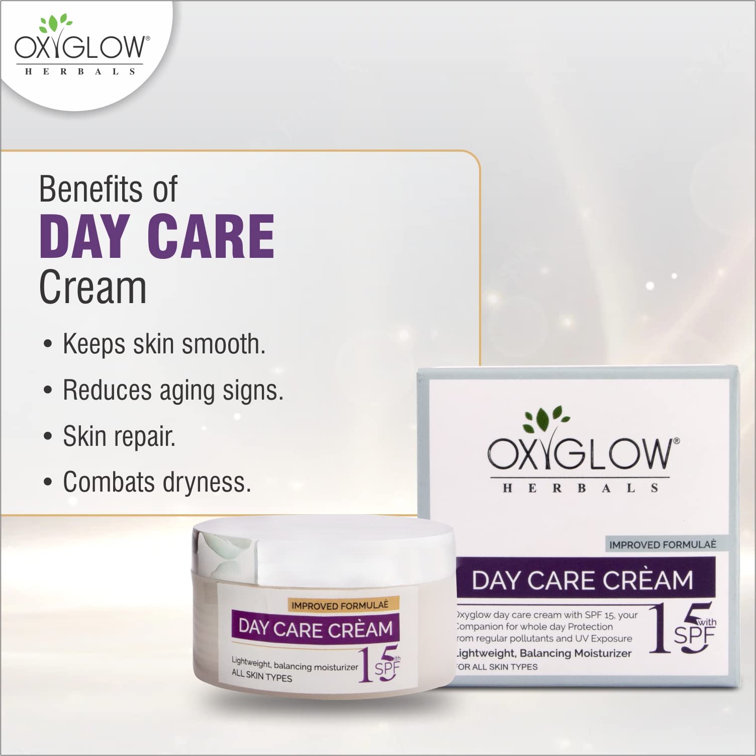 Oxyglow Herbal Face Day Care Cream with SPF 15 - All Skin Types, Sun Protection & Skin Repair | 50g | Pack of 1 | Perfect for Daily Moisturizing & UV Defense