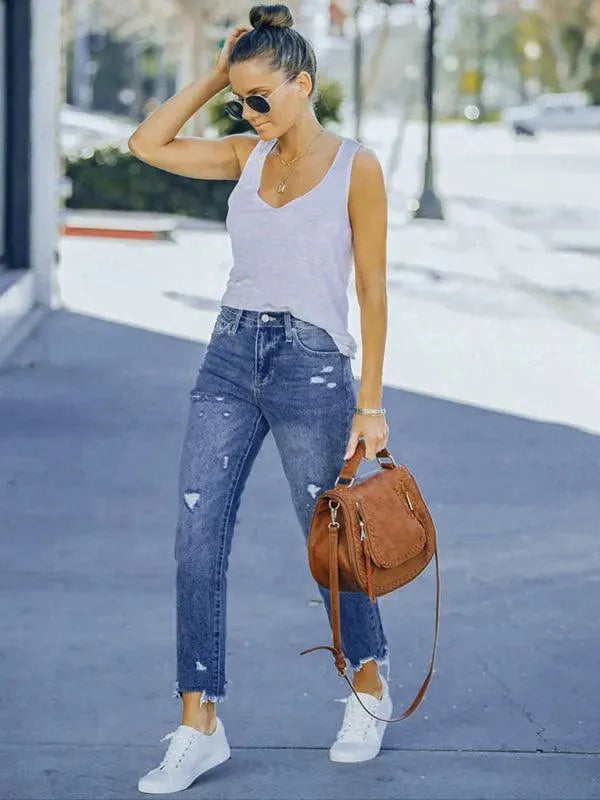 Women's Ripped Straight Leg Jeans - Distressed Denim Pants for Casual Wear, Street Style & Everyday Outfits | Trendy High Waist Vintage Blue Jeans for Women