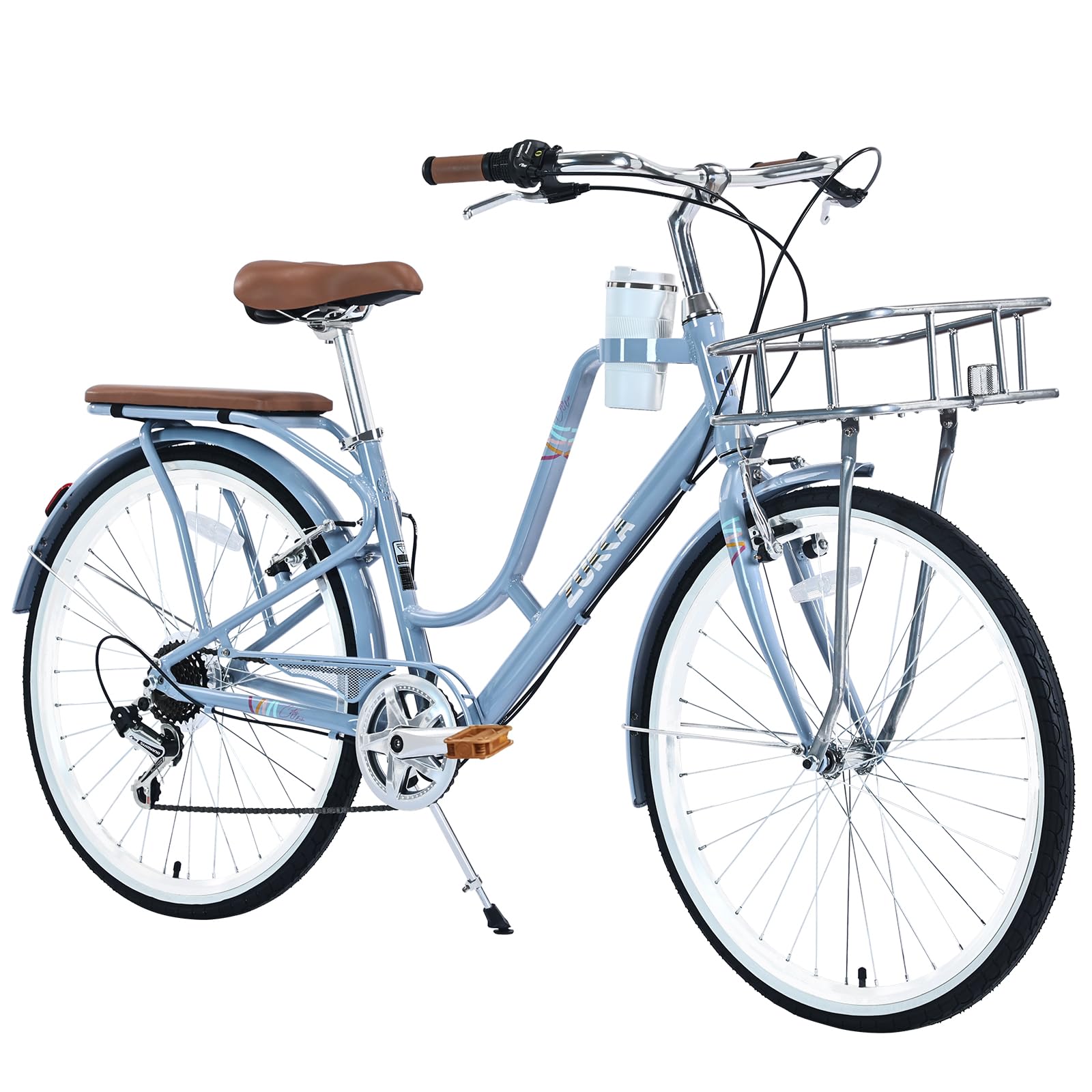 26 Inch Women's Beach Cruiser Bike - 7 Speed Hybrid City Bike with Coffee Cup Holder (Included), Basket, Adjustable Seat, Anti-Skid Tires & V-Brakes | Perfect for Commuting, Leisure Rides & Beach Outings (Multiple Colors)