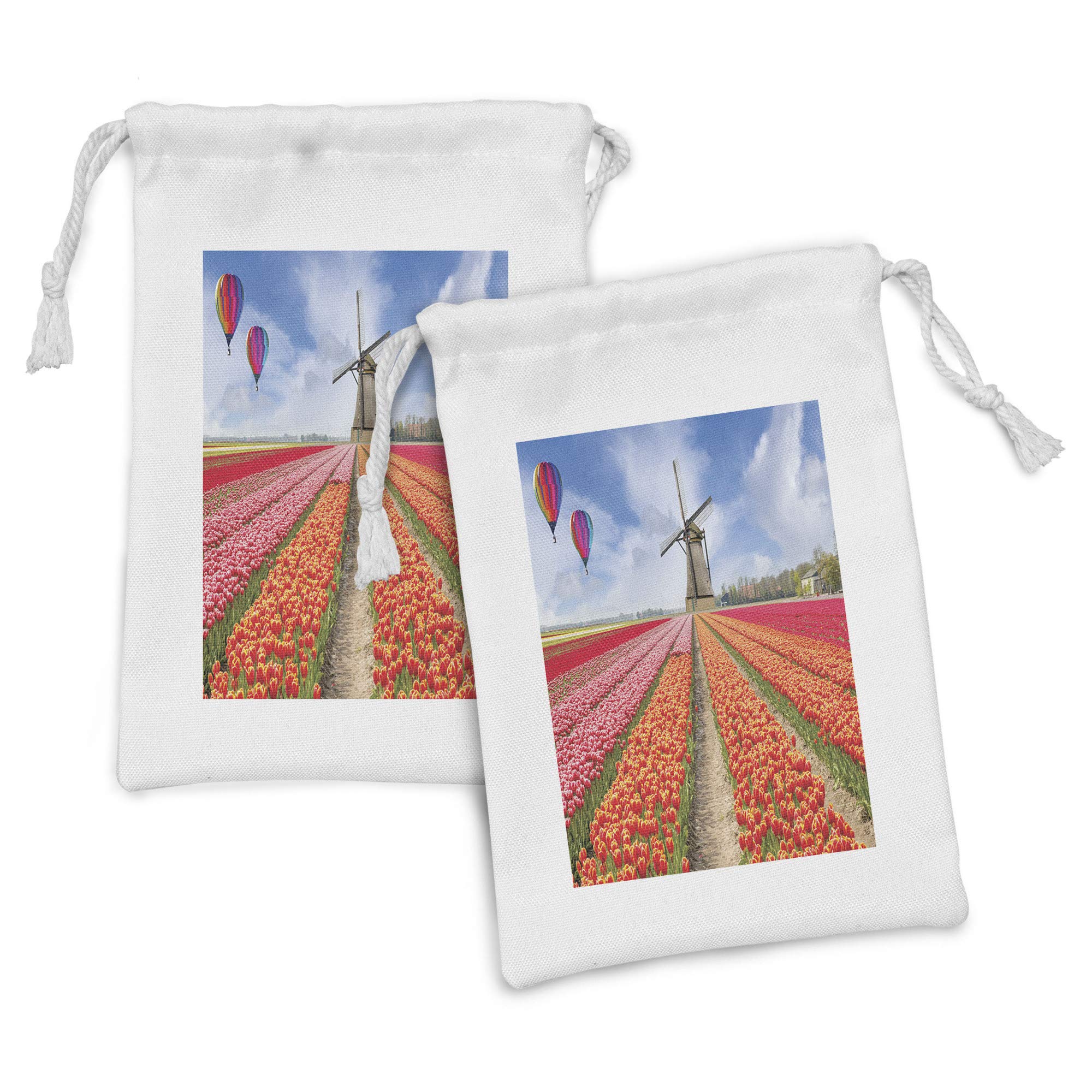 Ambesonne Netherlands Fabric Pouch Set of 2 - Tulip Field, Hot Air Balloons & Windmill Spring Design - Small Drawstring Bags for Toiletries, Masks & Party Favors (9