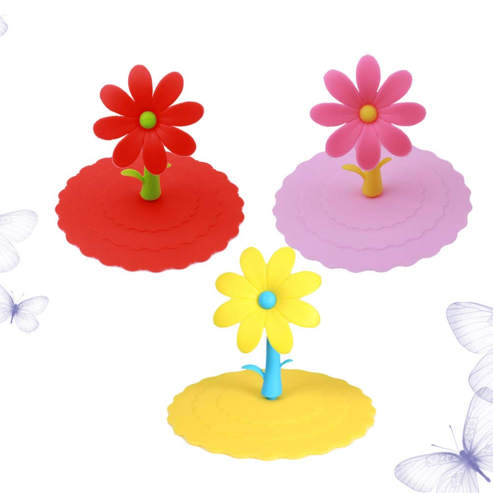 3-Pack Silicone Drink Cup Lids - Leakproof & Reusable Coffee Mug Covers with Flower Design for Hot/Cold Beverages - Perfect for Travel, Office & Home Use