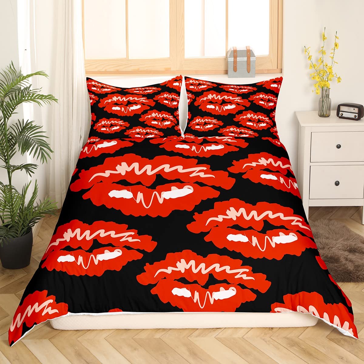 Sexy Red Lips Comforter Set - Feminine Lipstick Print Duvet Cover with Pillowcase for Girls & Adults, Twin Size Bedding (2Pcs) - Perfect for Valentine's Day Gifts, Romantic Bedroom Decor & Teen Girl Room Makeover