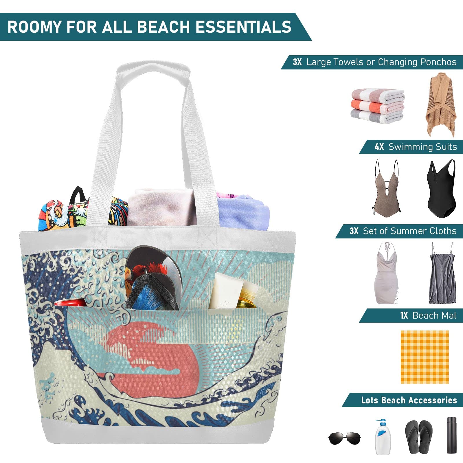 J JOYSAY Stormy Ocean Mesh Beach Tote Bag - Large Waterproof Reusable Grocery Tote for Women - Perfect for Beach, Work, Training, Hiking & Shopping