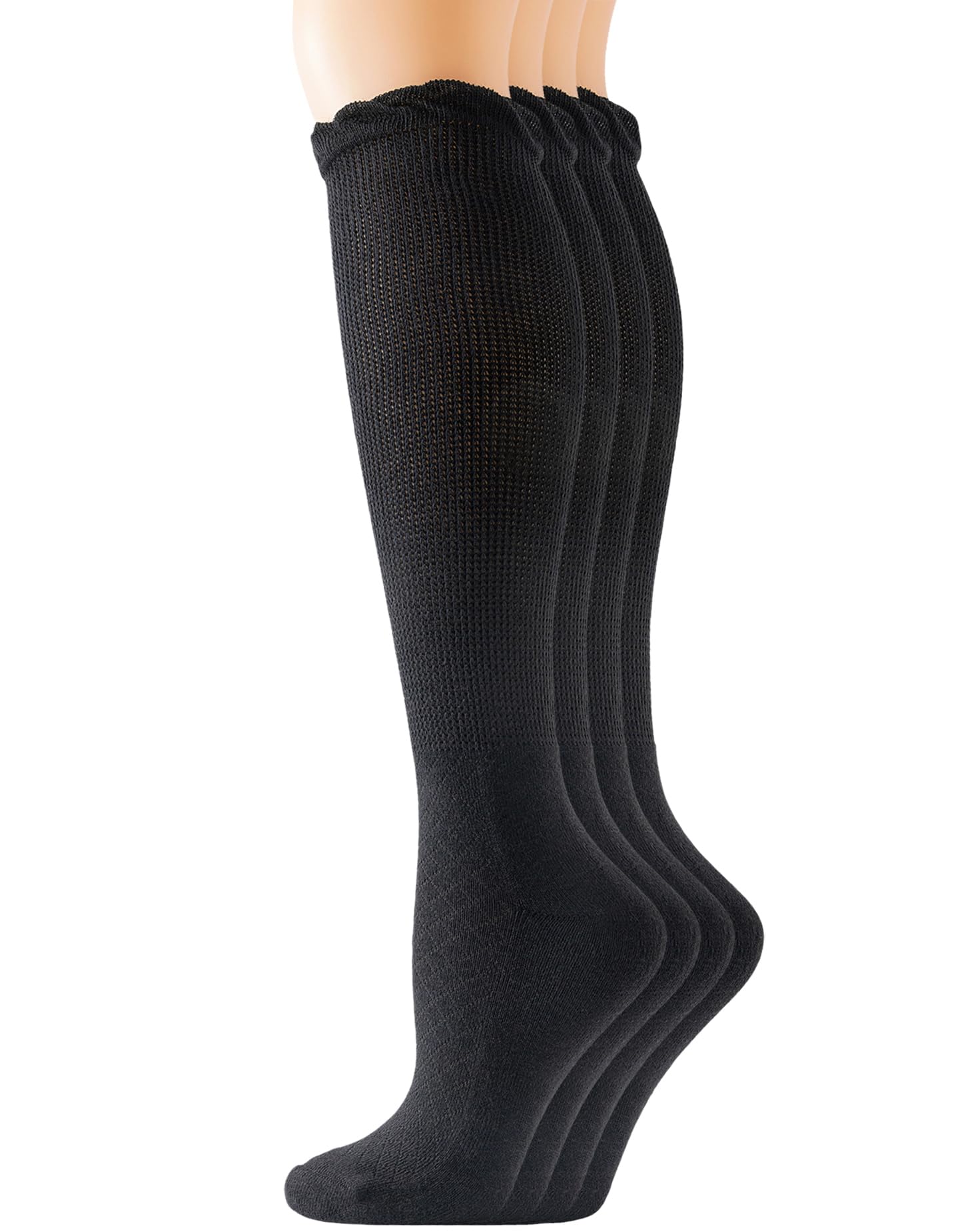 Yomandamor 4 Pairs Women's Diabetic Knee-High Seamless Socks - Black, Long Lace Non-Binding Socks for Circulation (Size 9-11) - Perfect for Diabetes, Swelling & Comfort All Day