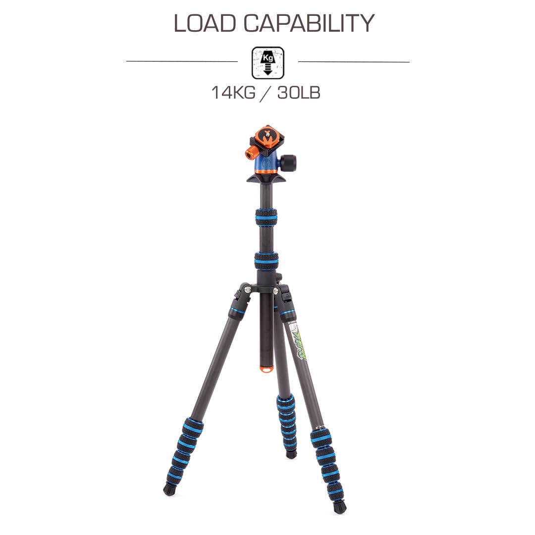 3 Legged Thing Punks Brian 2.0 Carbon Fiber Tripod - Compact Adjustable Travel Camera Stand with Detachable Legs (Blue/Black) - Perfect for Outdoor Photography, Travel Vlogging & DSLR Shooting