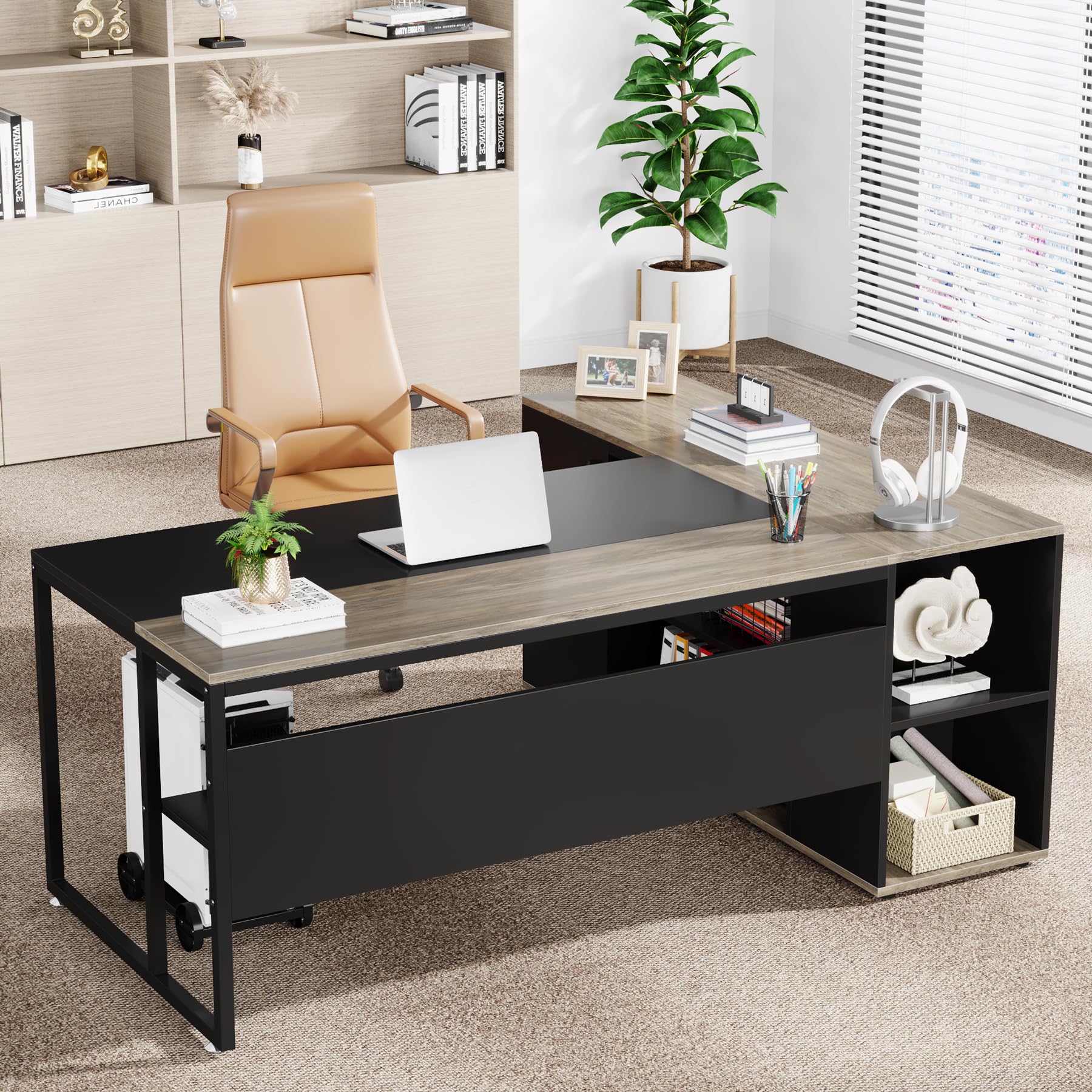 Tribesigns 71 Inch L-Shaped Executive Desk with Cabinet Storage & Shelves - Modern Home Office Workstation for Business & Remote Work (Gray) | Perfect for Small Spaces & Productivity Setup