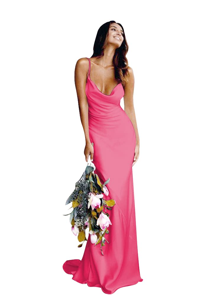 Elegant Spaghetti Strap Satin Wedding Dress - V-Neck Mermaid Bridesmaid & Prom Gown for Women (Hot Pink, Size 2) | Perfect for Beach Weddings, Formal Events & Special Occasions