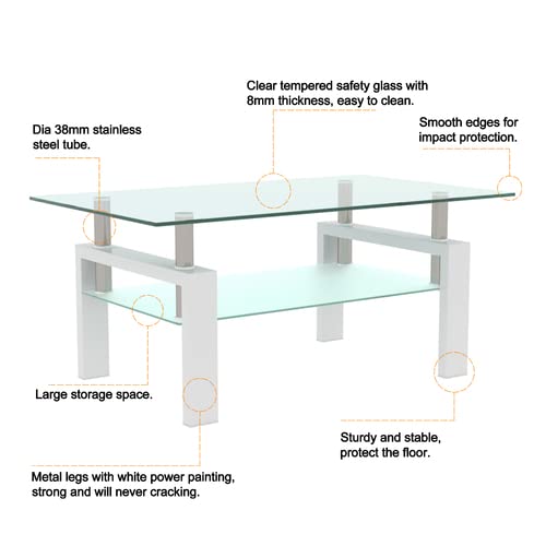 3 Piece Modern Glass Coffee Table Set with Tempered Glass Top & Sturdy Metal Legs - Includes Coffee Table and 2 End Tables - White Legs & Clear Glass - Perfect for Living Room, Bedroom or Office Furniture (Style 1)