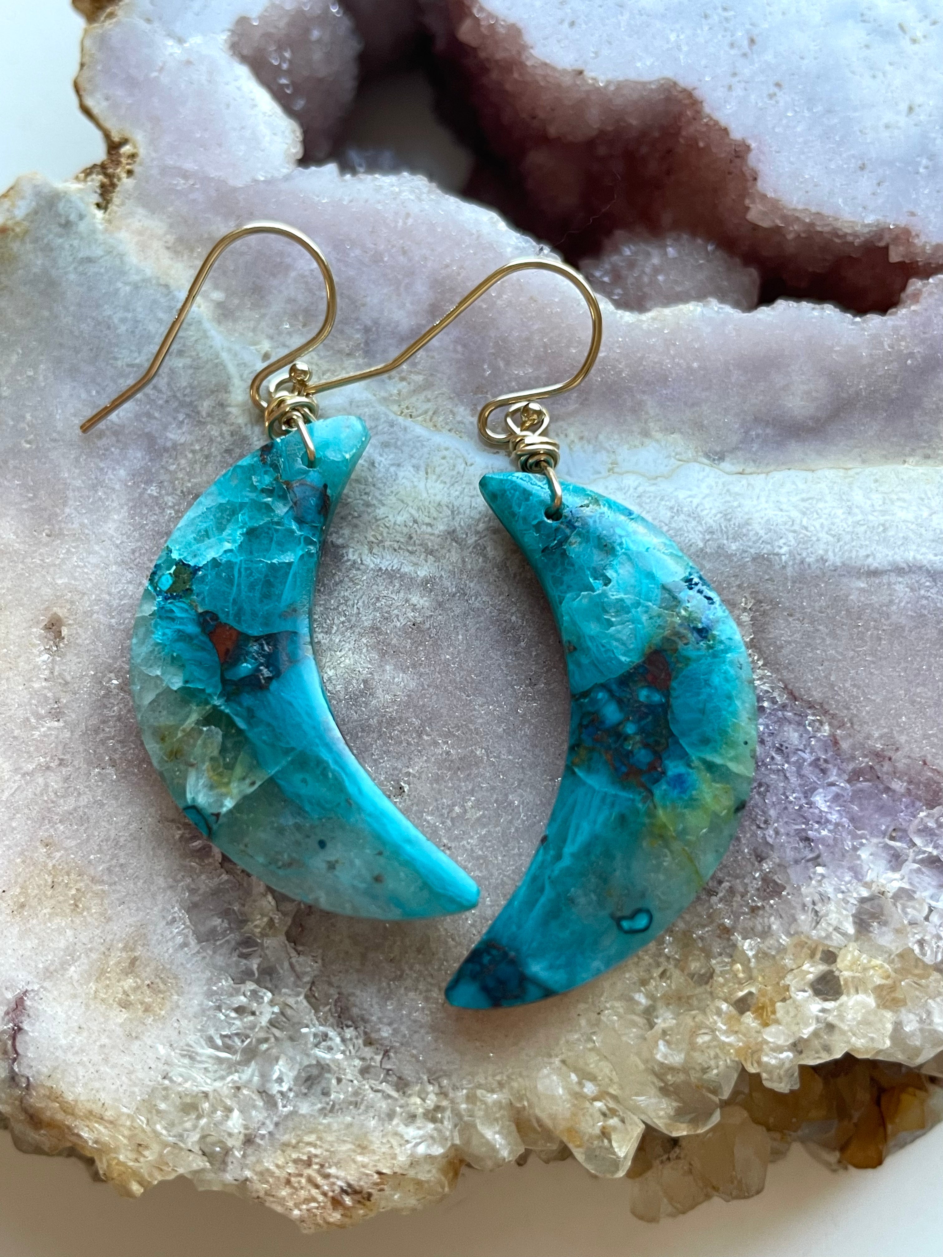 Chrysocolla Gold Filled Statement Crystal Gemstone Earrings for Women - Elegant Bohemian Dangle Earrings for Party, Wedding & Special Occasions