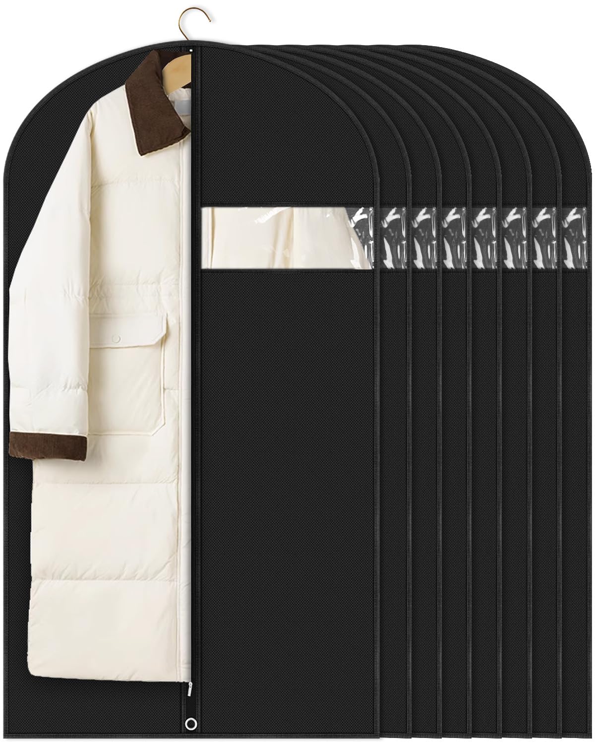 8-Pack 43-Inch Black Garment Bags for Hanging Clothes - Suit Bags with Clear Window for Closet Storage & Travel - Perfect for Sweaters, Coats, Suits & Shirts - Ideal for Business Trips, Weddings & Seasonal Closet Organization