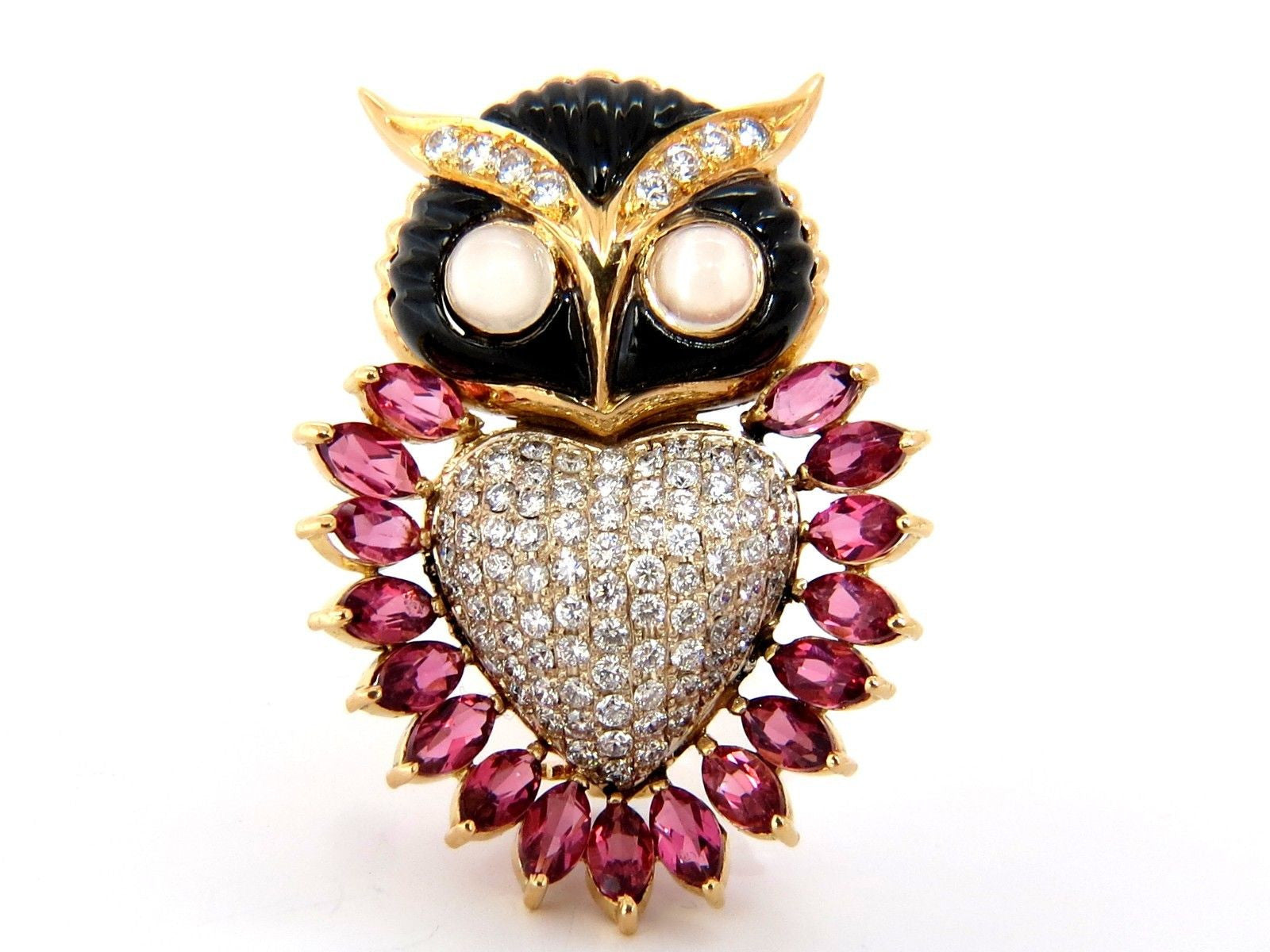 3.90CT Natural Tourmaline Diamonds Moonstone Black Onyx 3D Owl Brooch Pin 18KT Gold - Elegant Jewelry Gift for Women, Perfect for Weddings, Parties & Special Occasions