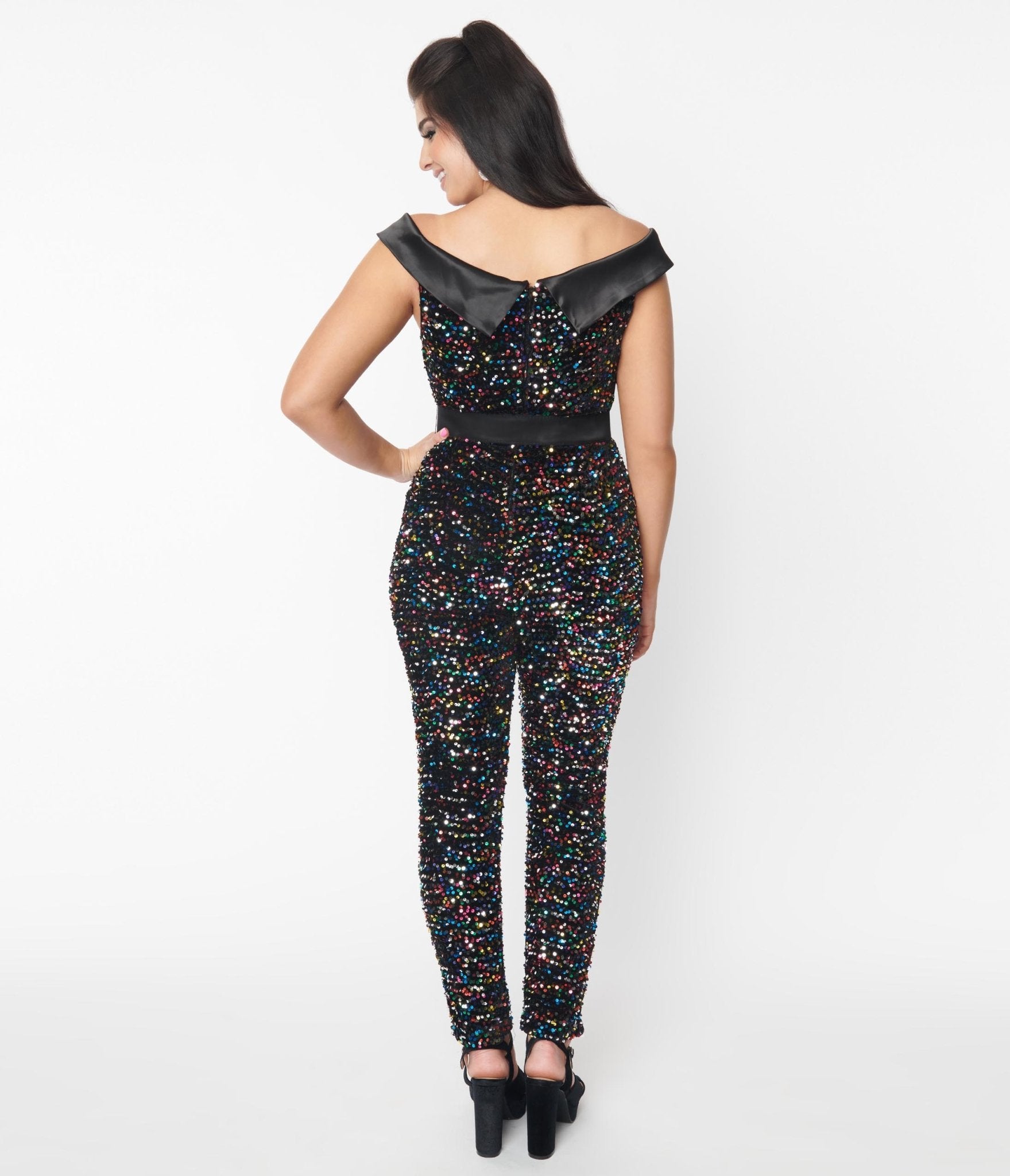 Vintage 1970s Black & Rainbow Sequin Gillian Jumpsuit - Retro Disco Party Outfit for Women, 70s Costume for Halloween & Theme Parties
