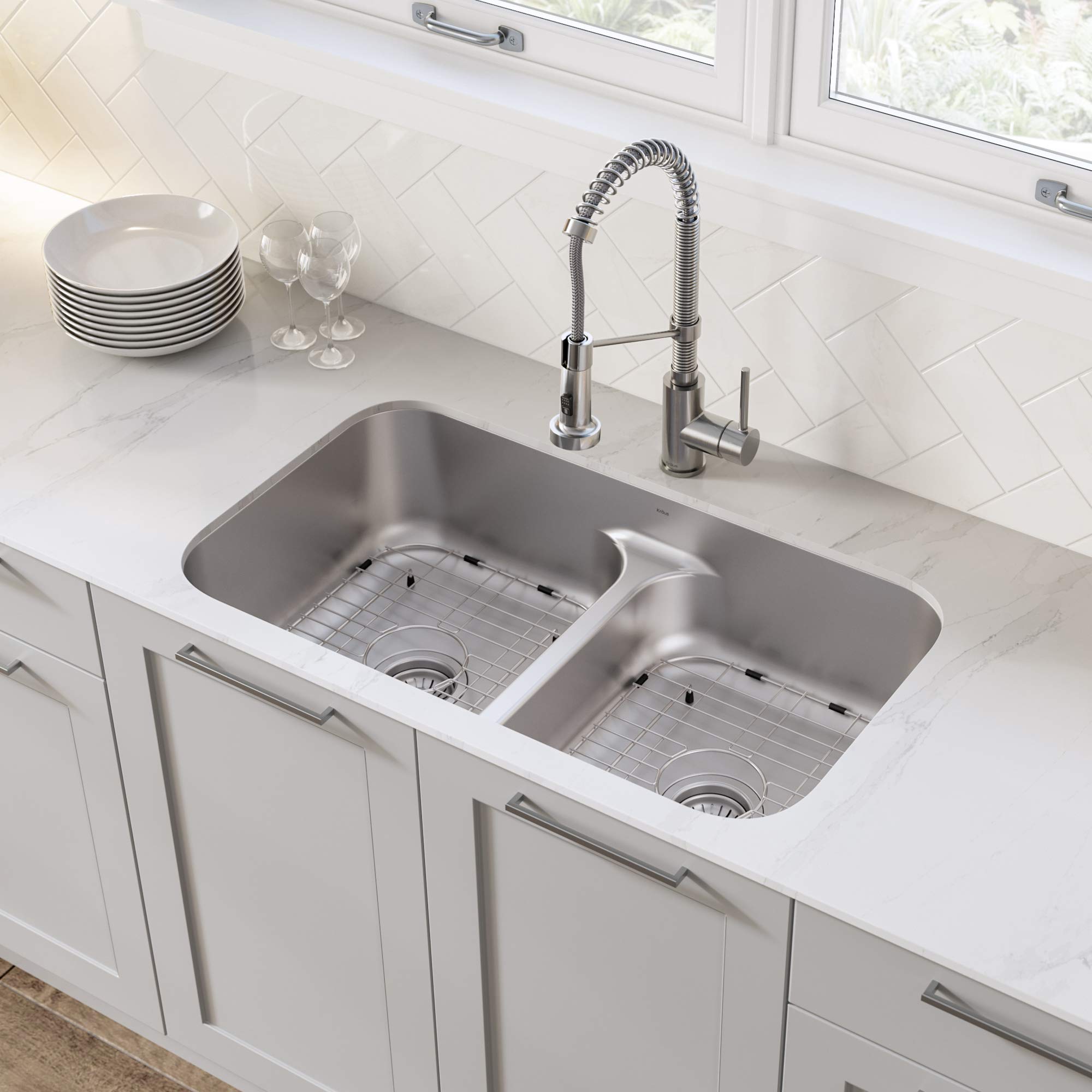KRAUS KCA-1200 33-inch 16 Gauge Undermount Stainless Steel Kitchen Sink with 18-inch Pull-Down Commercial Style Faucet, Spot Free Finish - Perfect for Modern Home Kitchens and Restaurant-Style Cooking Spaces