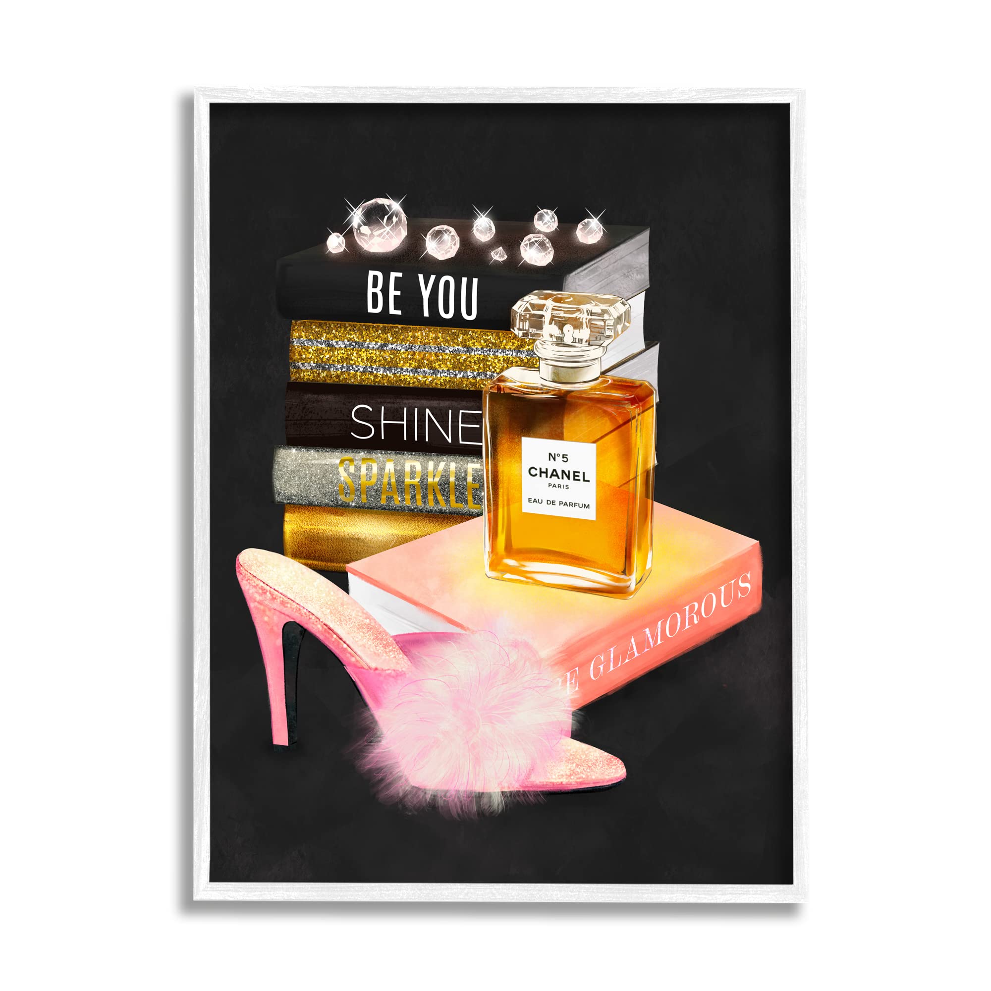 Stupell Industries 'Be You' Motivational Perfume Bottle & Bookstack Decor - Fluffy Pompom Heel Design by Ziwei Li | Inspirational Home & Office Decor, Gift for Women, Self-Care Space Accent