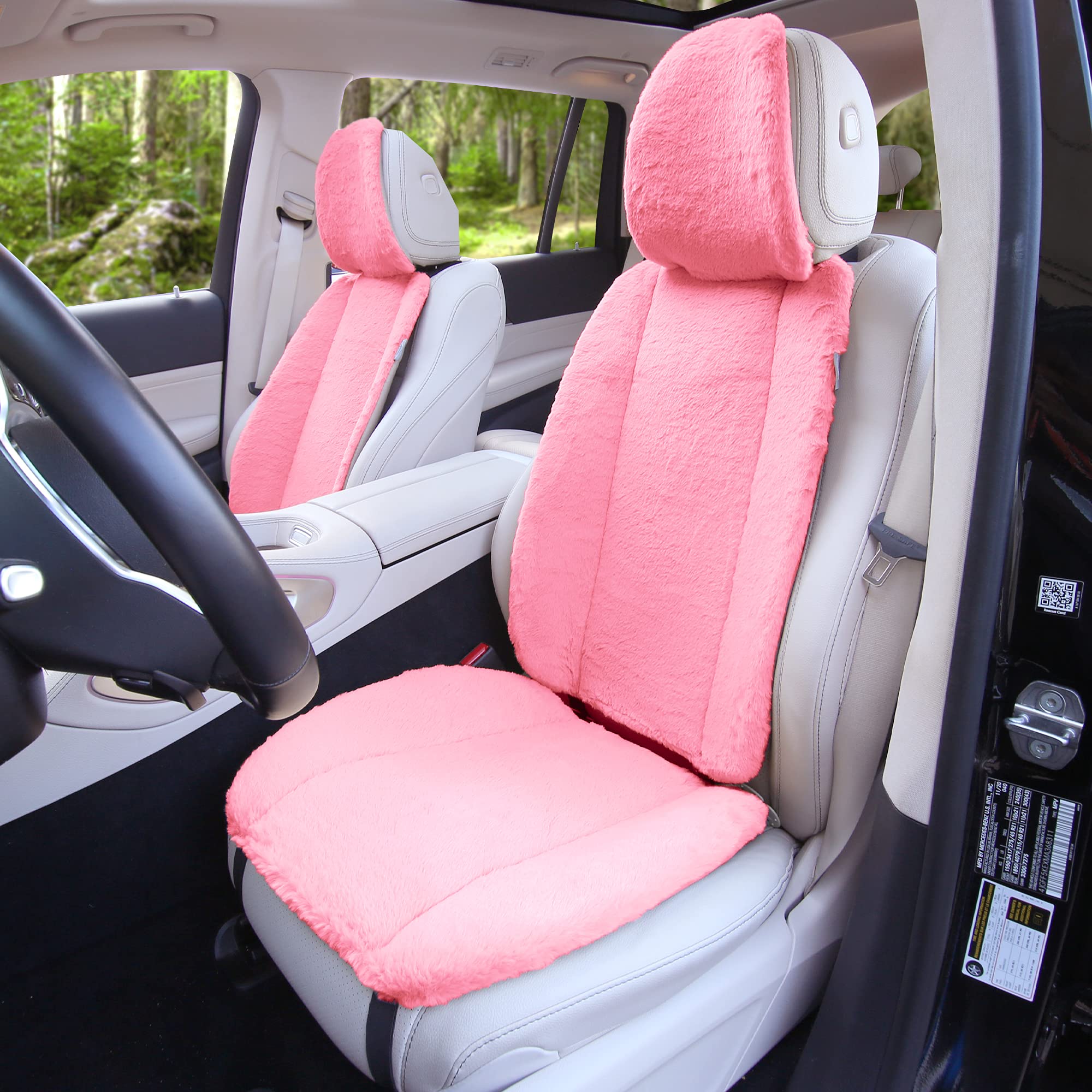 TLH Pink Doe16 Faux Rabbit Fur Car Seat Cushions - Soft & Luxurious for Most Cars, Trucks, SUVs & Vans - Perfect for Winter Comfort & Long Road Trips
