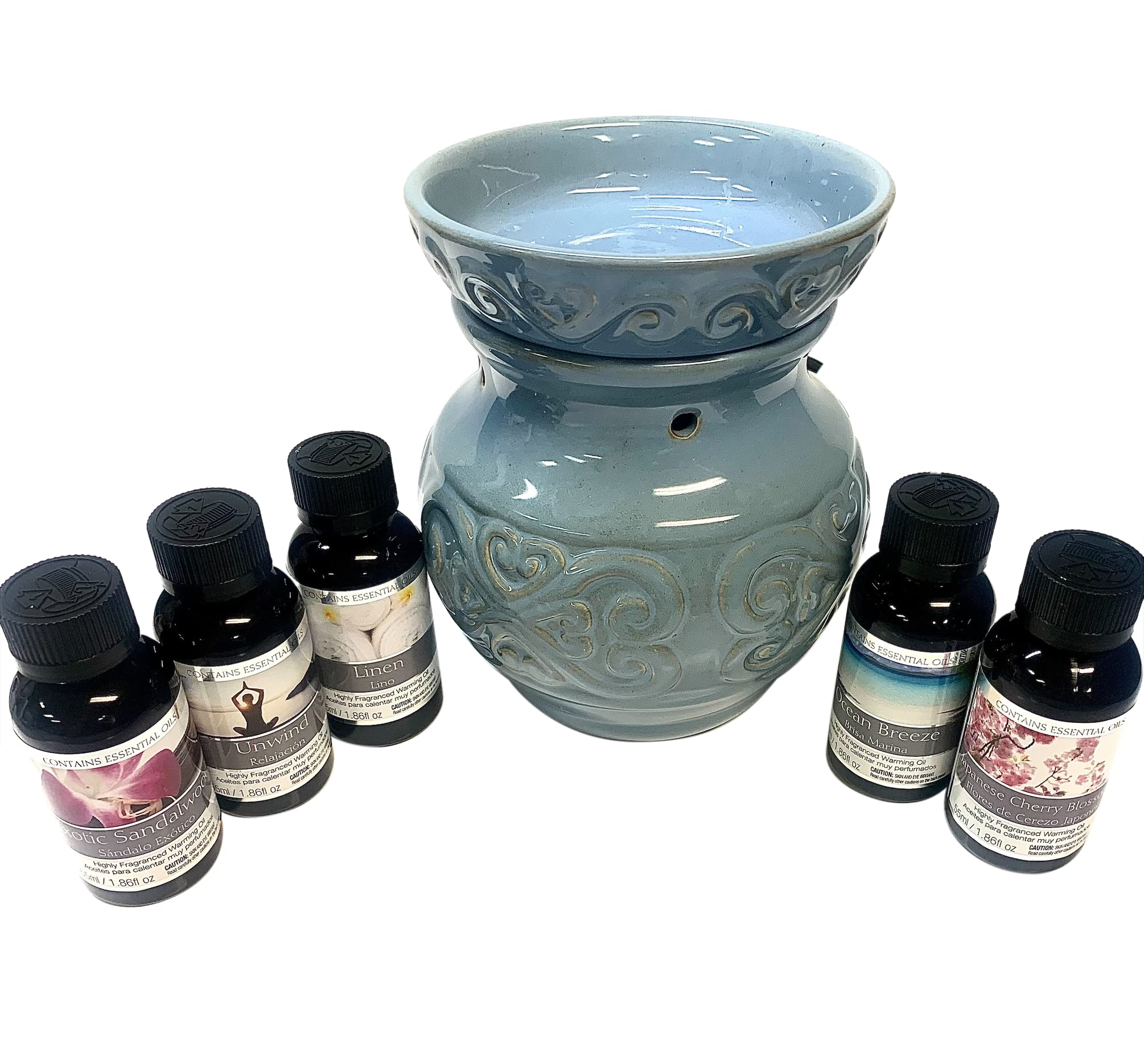 Hosley Blue Electric Ceramic Oil Warmer Gift Set - Aromatherapy Diffuser for Home, Office & Spa Relaxation