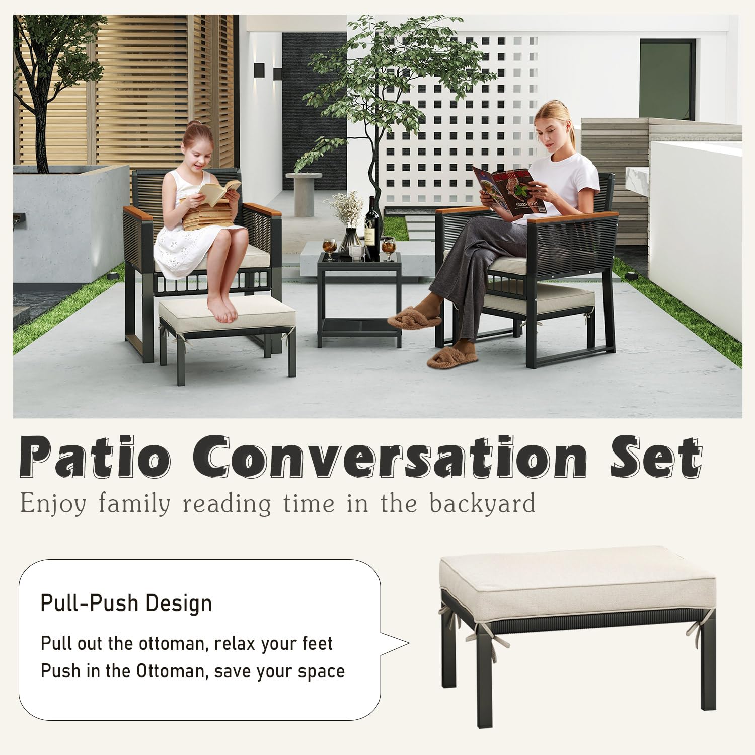 5-Piece Outdoor Patio Furniture Set with Wicker Chairs, Coffee Table & Ottoman - Durable Rattan Conversation Set for Porch, Balcony, Backyard, Poolside Relaxation | Perfect for Outdoor Entertaining & Lounging