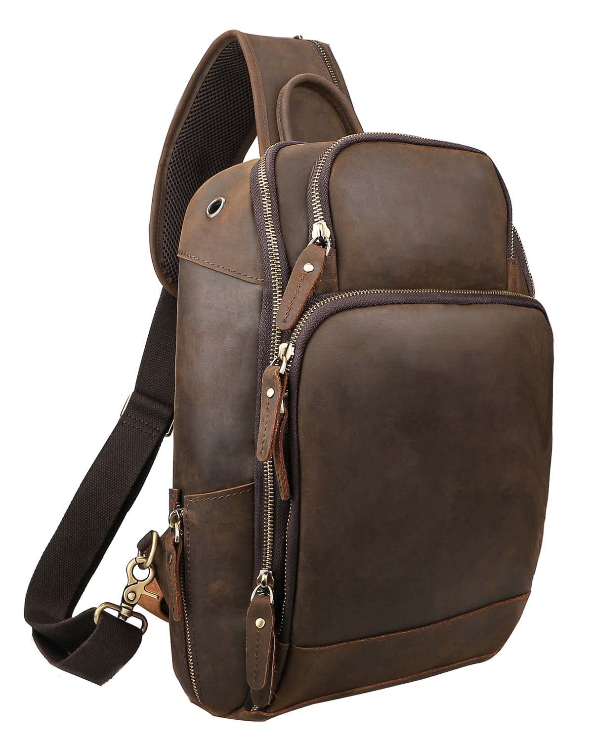 Vintage Full Grain Genuine Leather Crossbody Sling Bag for Men & Women - Adjustable Shoulder Strap, Fits 13.3 Inch Laptop - Perfect for Travel, Hiking, Work & Daily Commute - Brown Leather Backpack
