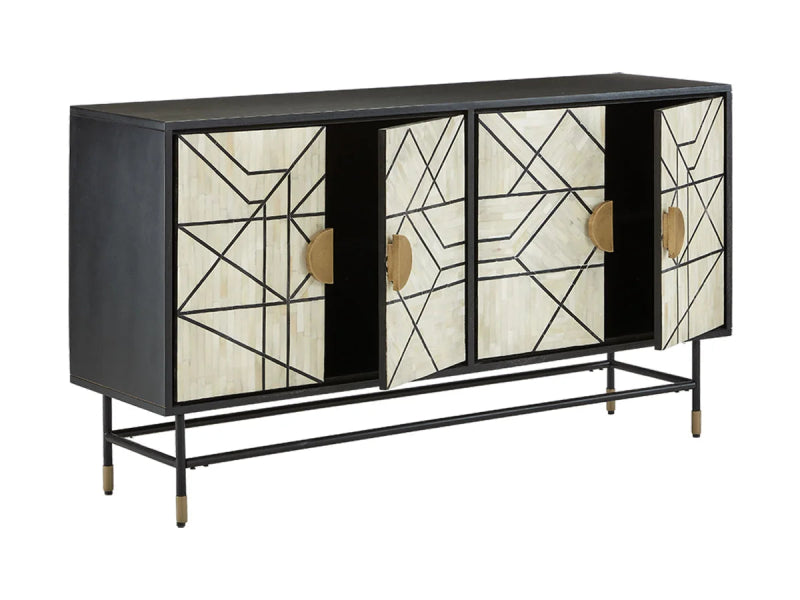Handmade Bone Inlay Wooden Buffet Cabinet with 4 Doors - Black Finish Metal Legs for Dining Room Storage & Living Room Decor