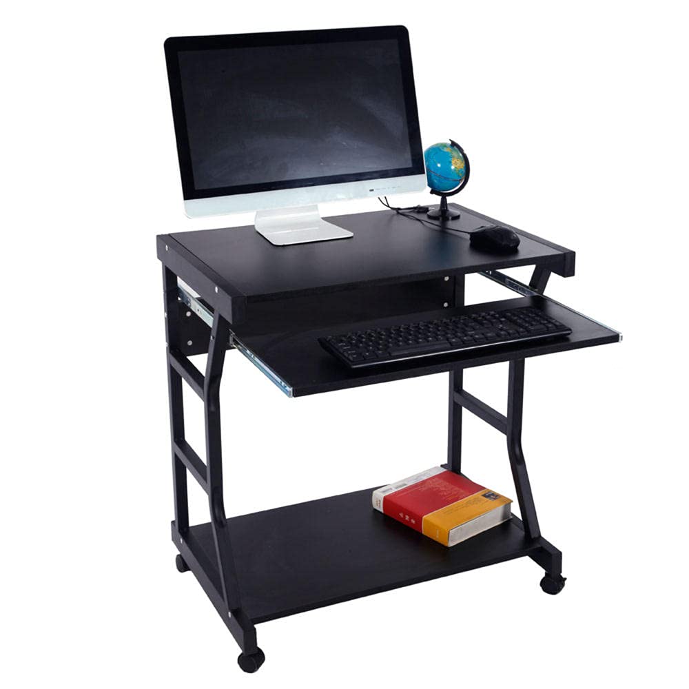 Compact Mobile Computer Desk Cart with Keyboard Tray & Printer Shelf - Black | Ideal for Home Office, Small Spaces, Workstations & Writing Desks
