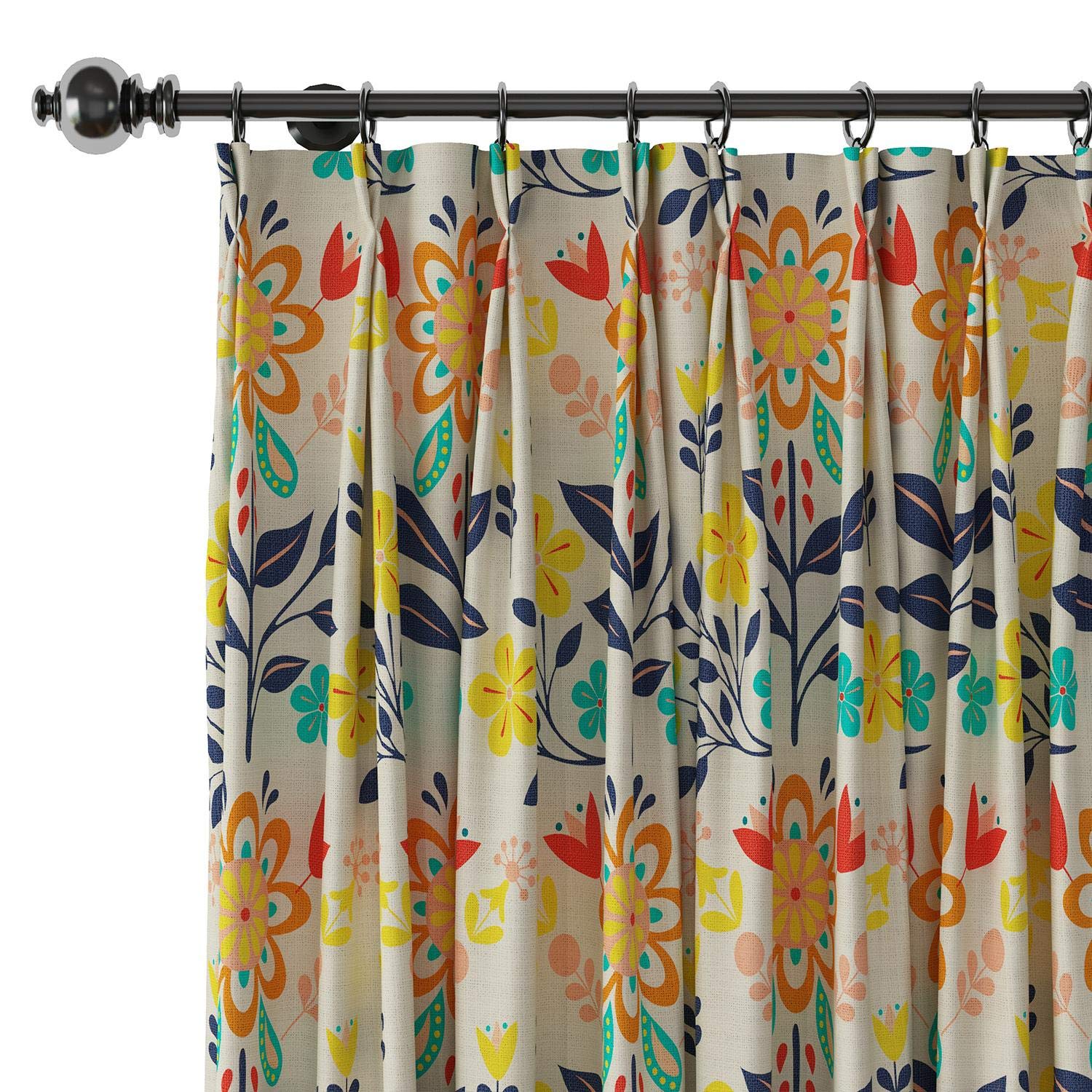 Floral Linen Blackout Curtains for Living Room - 50x72 Inch Dark Blue & Yellow Pinch Pleat Window Drapes - Light Reducing, Thermal Insulated Room Darkening Curtain Panel - Perfect for Bedroom, Nursery & Home Decor