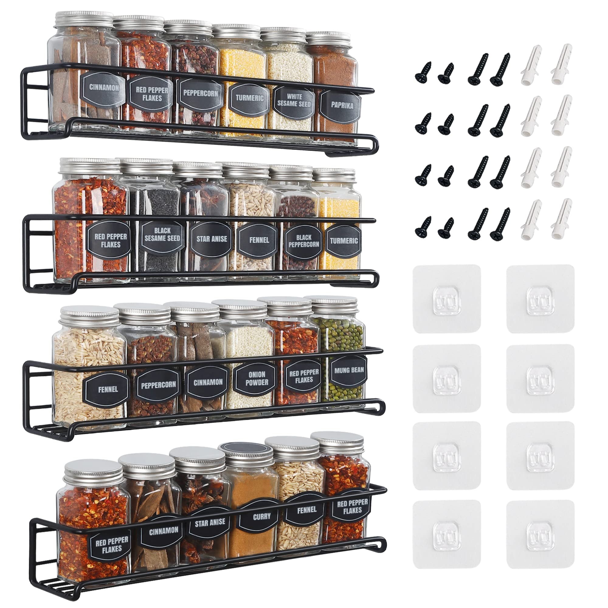 4-Tier Wall Spice Rack Organizer - Space Saving for Jars & Seasonings - Kitchen Storage