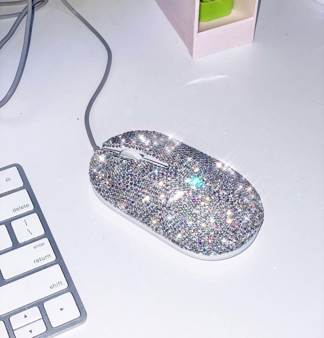 TISHAA Sparkling Rhinestone Wired Mouse - Crystal USB Computer Mouse for Women, Bling Gaming Mouse with Shiny Rhinestones, Elegant Office Desk Accessory (White) | Perfect for Work, Gaming & Home Decor