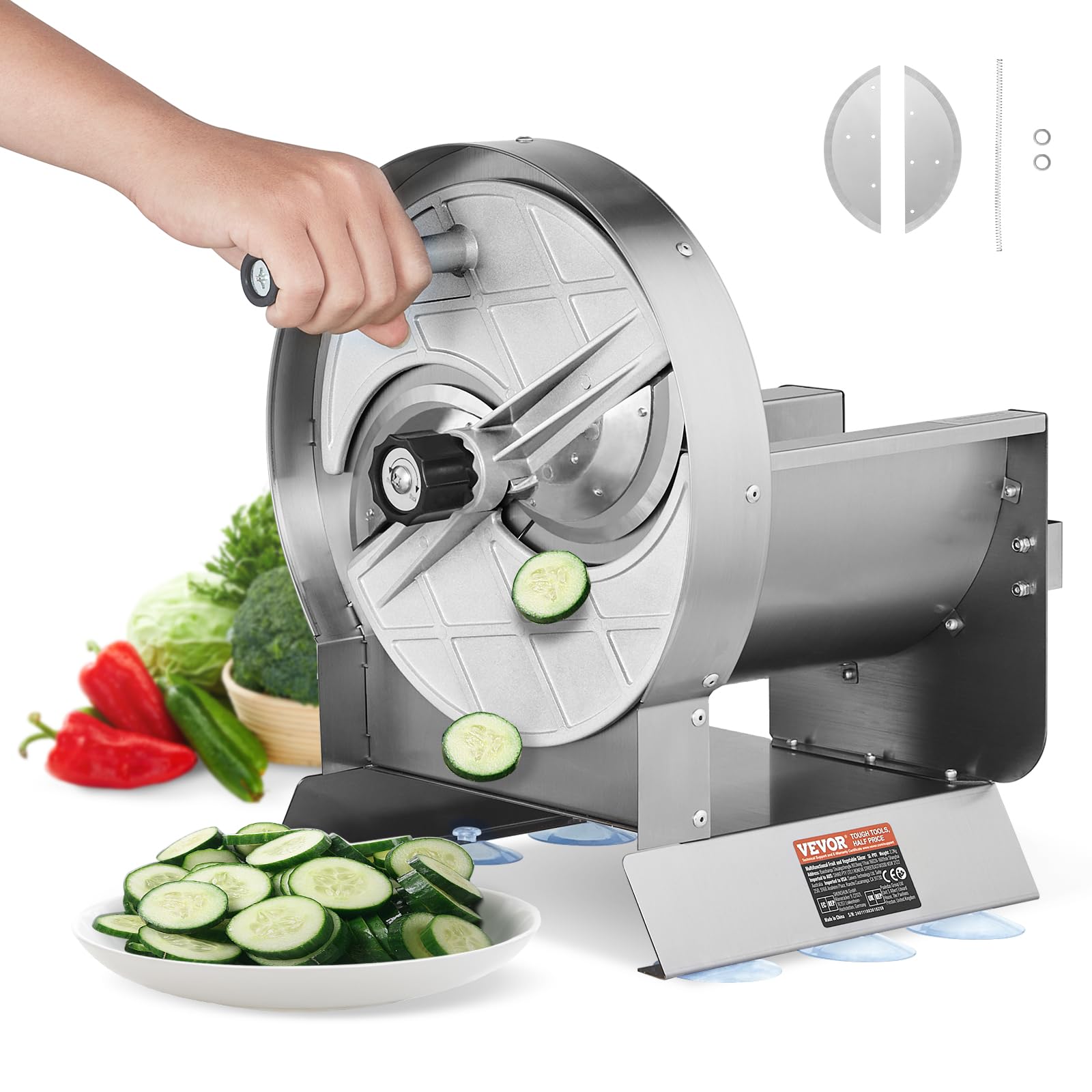 VEVOR Adjustable Stainless Steel Vegetable & Fruit Slicer - 0-12mm Thickness Commercial Food Cutter with 2 Blades - Perfect for Potatoes, Cucumbers, Tomatoes - Ideal for Restaurants, Catering & Home Kitchen Prep