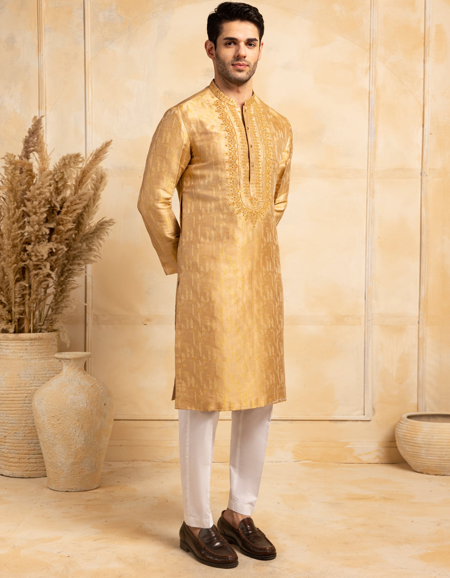 Premium Blended Golden Kurta by J. Junaid Jamshed - Elegant Traditional Pakistani Attire for Men, Perfect for Weddings, Festivals & Special Occasions