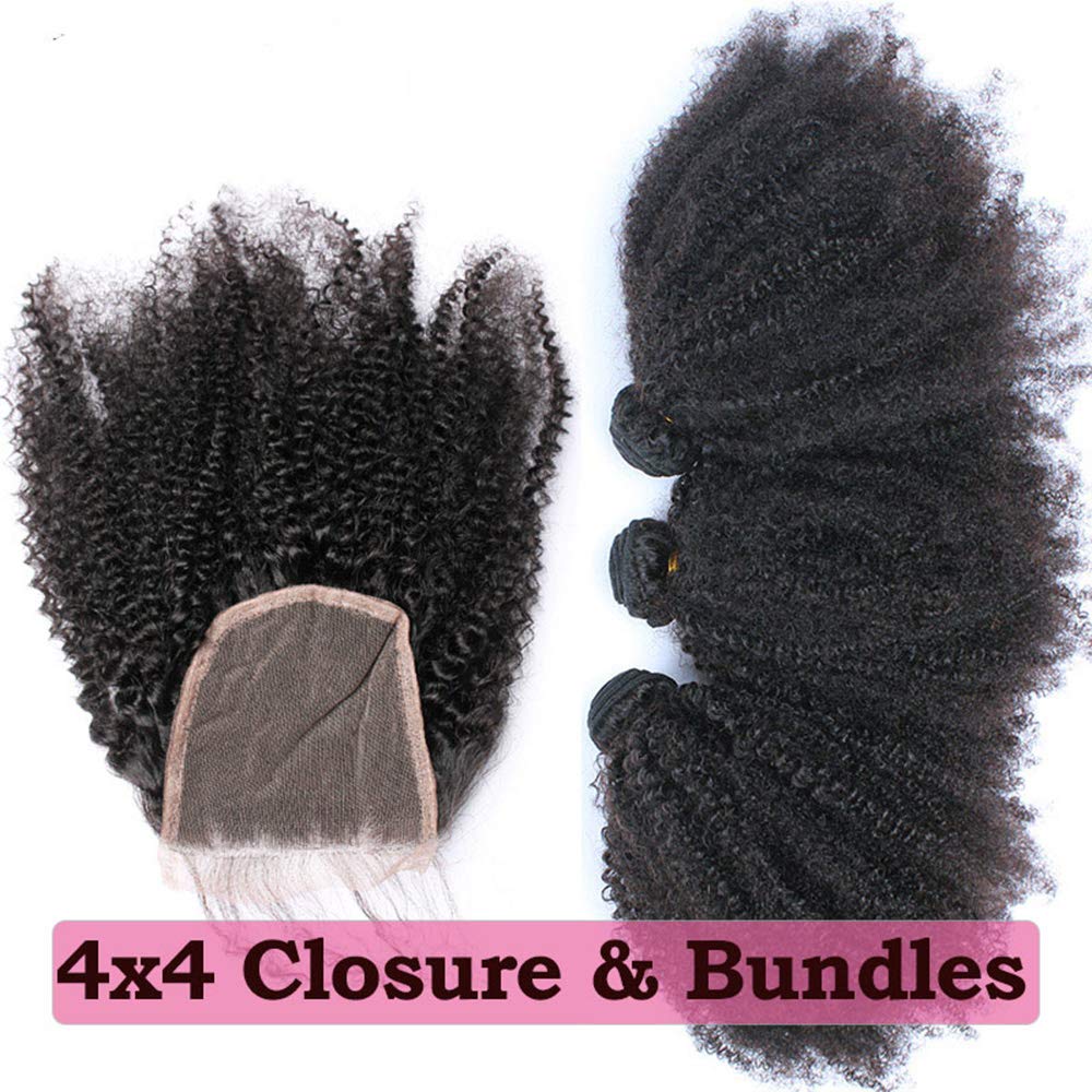 100% Unprocessed Mongolian Afro Kinky Curly Human Hair Bundles with Closure for Black Women - 3 Bundles 4B 4C Virgin Hair Weave (12