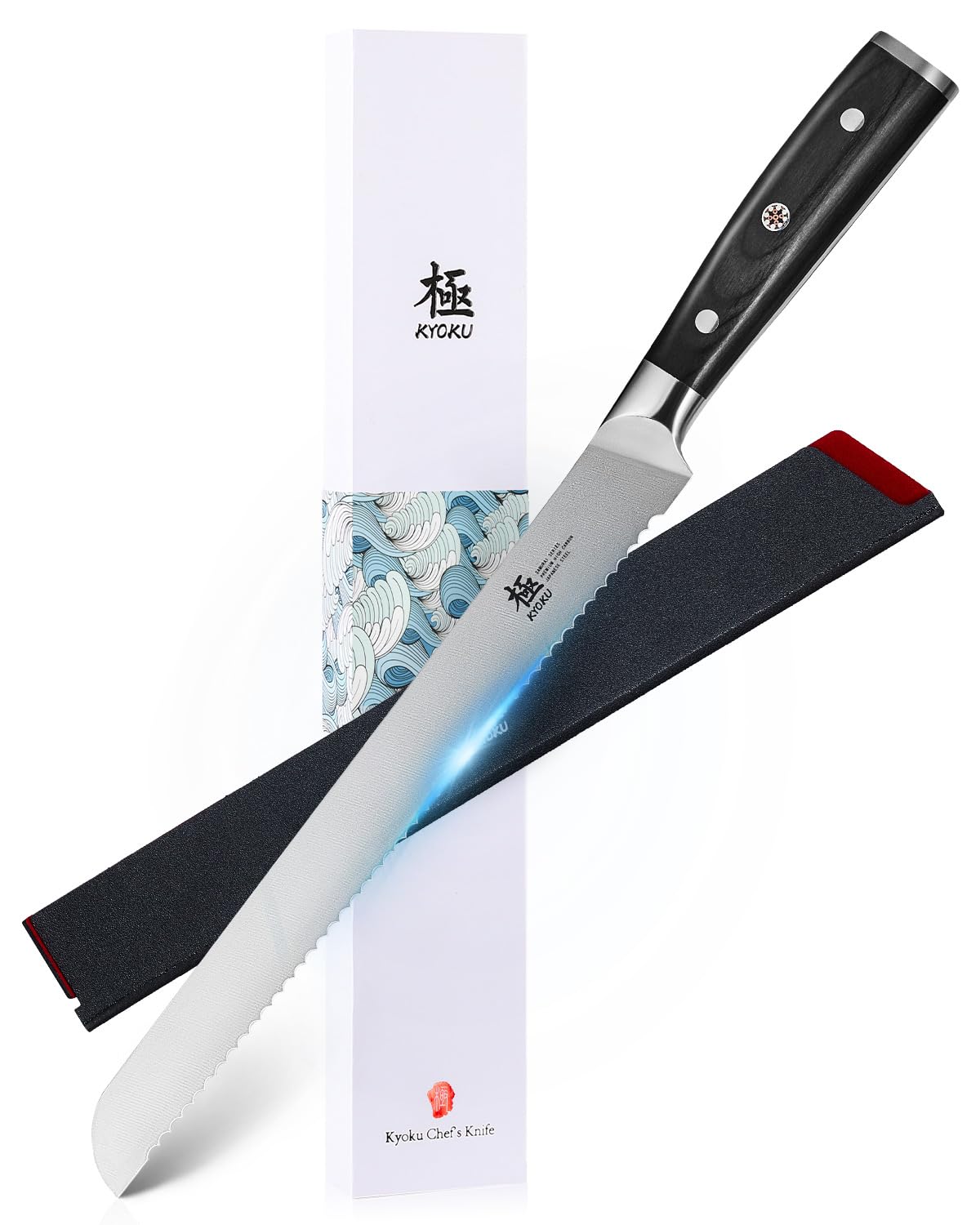 KYOKU 10-Inch Serrated Bread Knife - Japanese High Carbon Steel Samurai Series Knife for Slicing Homemade Bread, Pastries & Cakes | Pakkawood Handle, Full Tang Design with Protective Sheath | Perfect for Bakeries, Home Kitchens & Professional Chefs