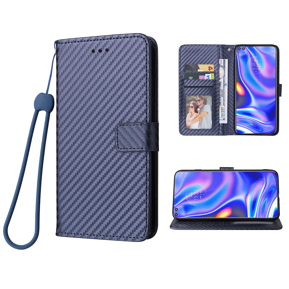 Premium Leather Wallet Case for Moto One 5G/One5G UW/Moto G 5G Plus - Flip Stand Cover with Card Holder, Wrist Strap & Lanyard - Compatible with Motorola One Lite XT2075-1 (Blue) - Perfect for Work, Travel & Everyday Use