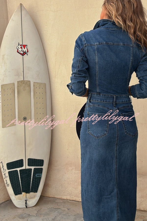 Stylish Tessy Denim Stretch Midi Dress with Metal Buttons & Zipper Detail - Perfect for Casual Outings, Date Nights & Office Wear