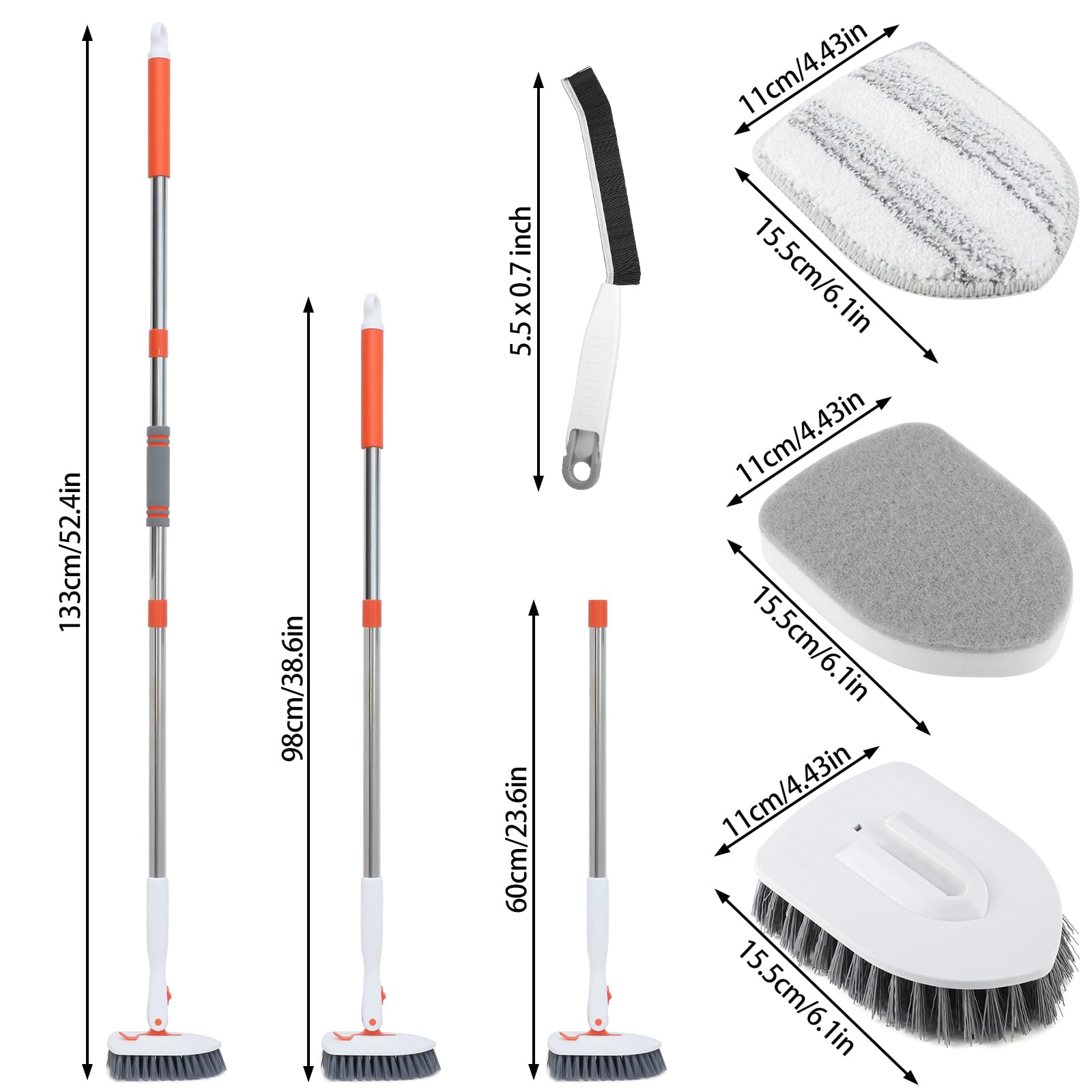 3 in 1 Tub Tile Scrubber Brush with 52 Inch Long Handle - Bathroom Shower Cleaning Brush with Locked Head for Kitchen, Toilet, Wall & Sink - Perfect for Hard-to-Reach Areas and Deep Cleaning Grout Lines