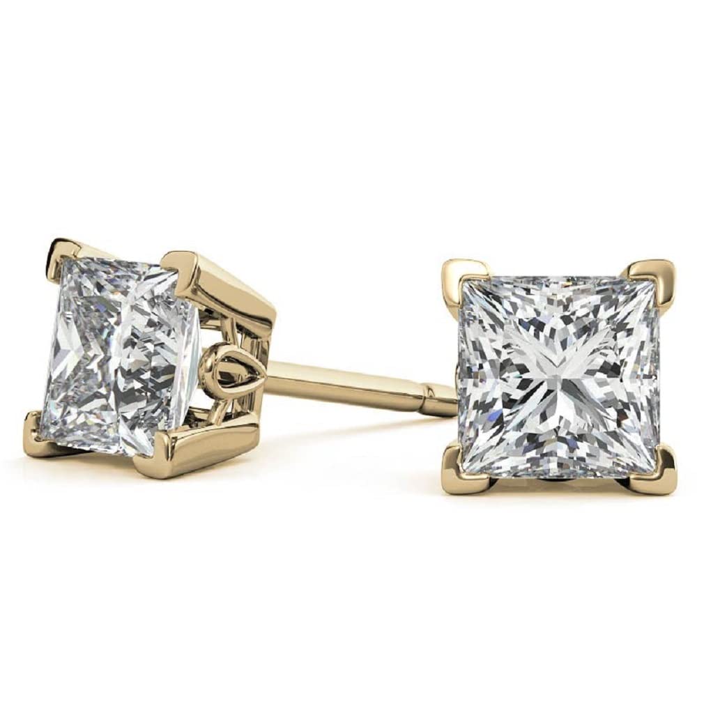 10K/14K/18K Solid Yellow Gold Handmade Stud Earrings with 2.5 TCW Princess Cut Moissanite - Tulip Design Solitaire Diamond Anniversary Earrings for Women | Engagement, Wedding & Bridal Gifts | Push/Screw Back Closure (MDEAR022) | Perfect for Special Occasions, Date Nights & Formal Events