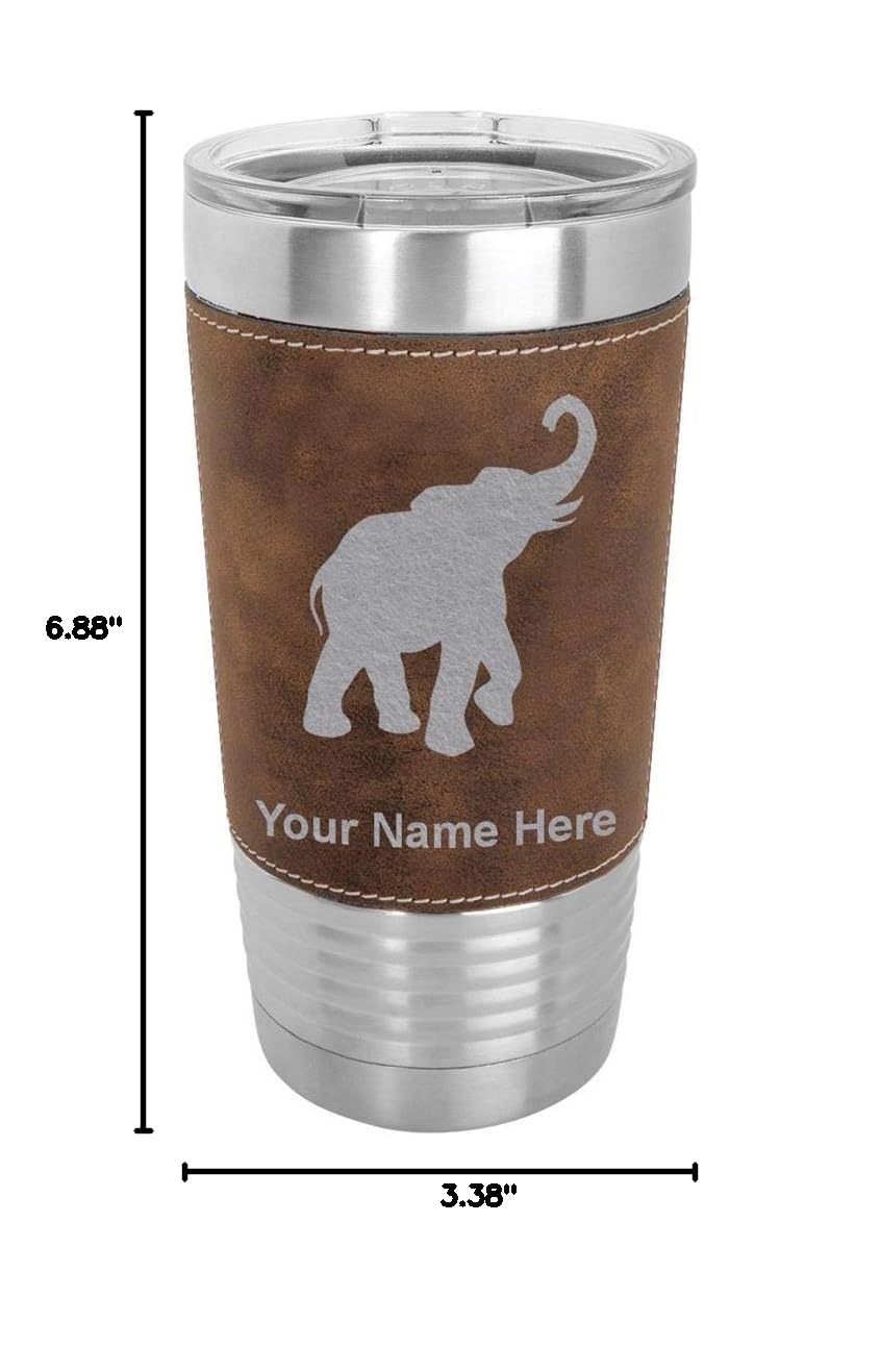 LaserGram 20oz Vacuum Insulated Stainless Steel Tumbler Mug with Personalized Engraving - Indian Elephant Design, Faux Leather & Rustic Finish - Perfect for Coffee, Tea & Cold Drinks at Home, Office or Travel
